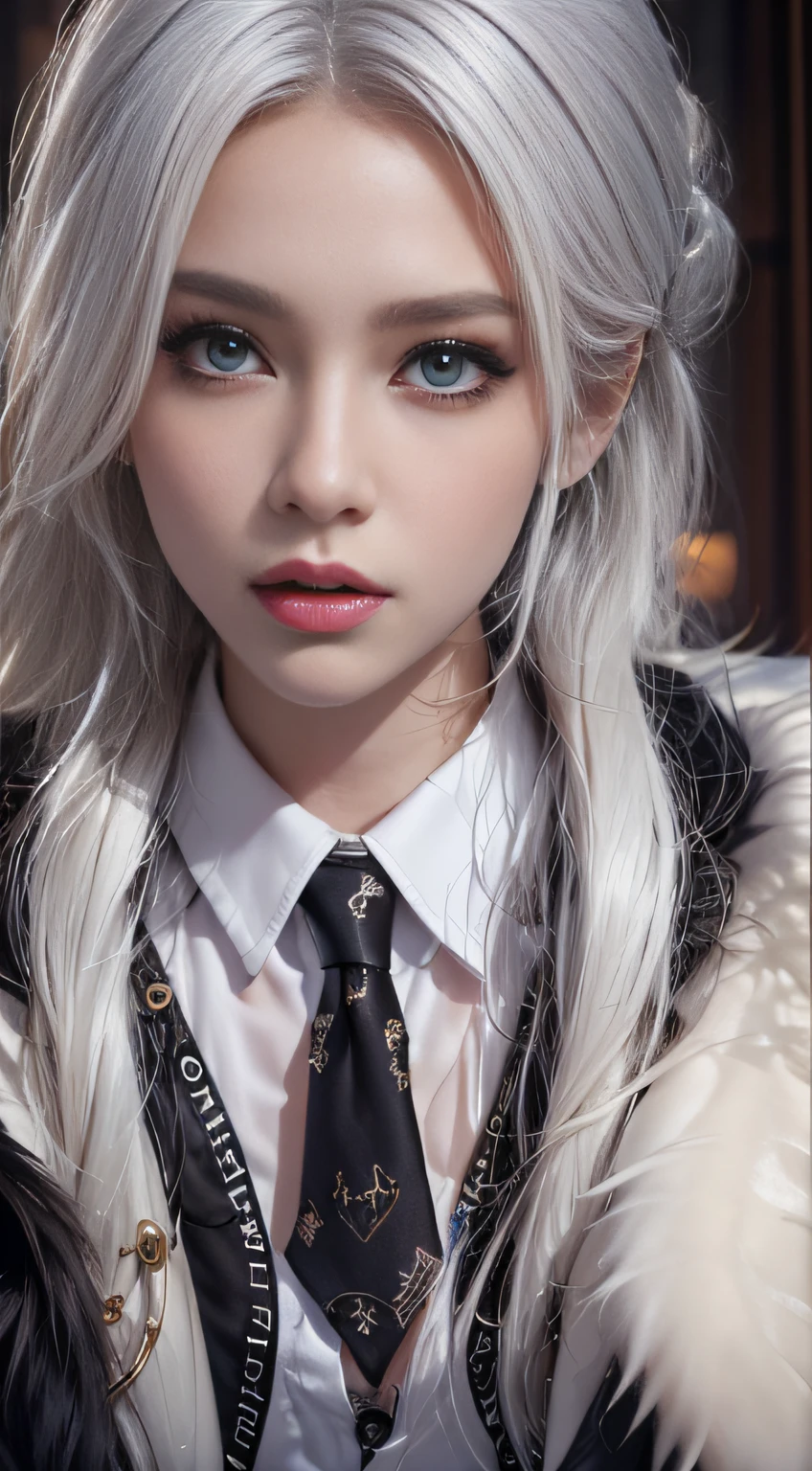 Photorealistic, high resolution, 1 Women, Solo, Waist up, Beautiful eyes, Close lips, Detailed face, White hair, Long hair, Collared shirt, black necktie,Black skirt, pencil skirts, Fur coat, Stockings