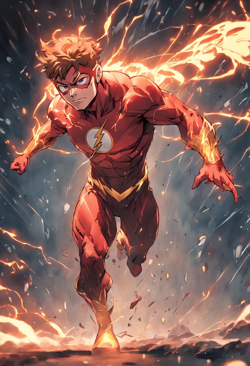 the flash in action, mcu, running pose, ultra detail, 8k, Jim Lee's Artstyle, DC comics, seen from the front, cold face, hunk, tall