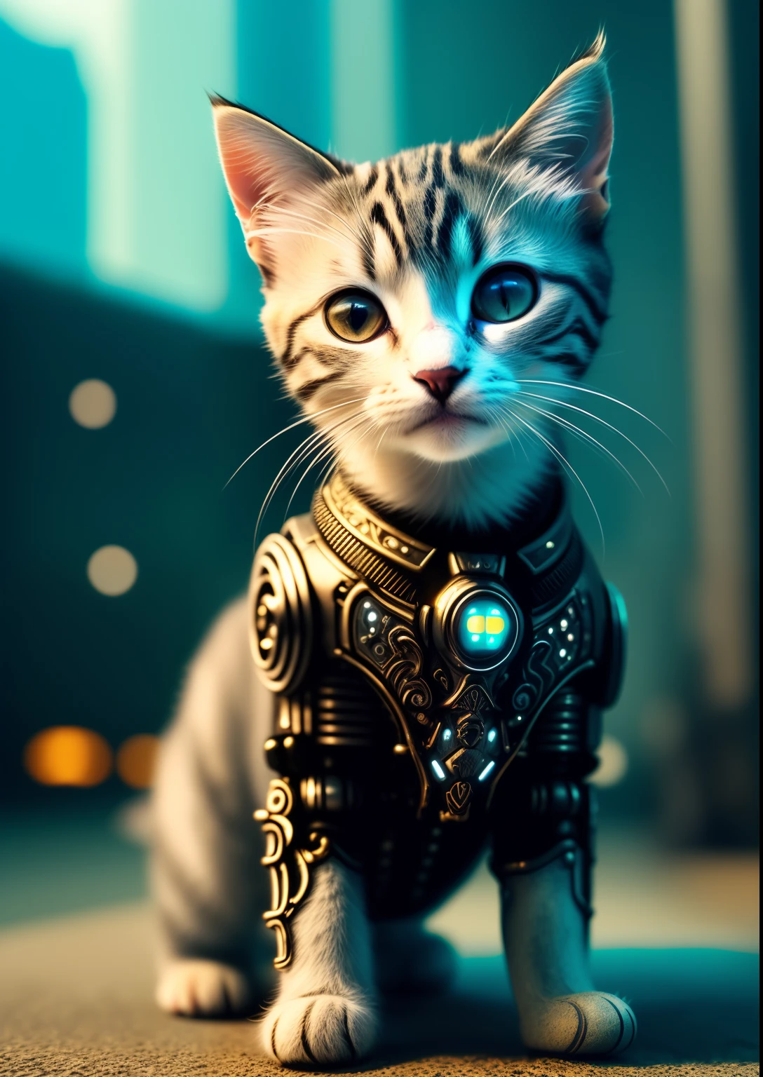 a cute kitten made out of metal, cyborg, cyberpunk style, ((intricate details)), hdr, ((intricate details, hyperdetailed)), cinematic shot, vignette
