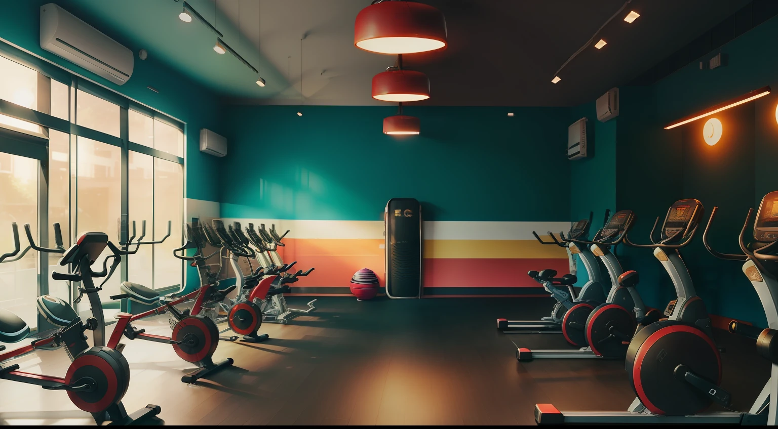 a grove of stationary exercise bikes in a gym with a row of treads, local gym, background a gym, gym, dingy gym, dim dingy gym, fitness, sweating, hedonic treadmill, intense, alana fletcher, stretch, in a gym, sweat, recreation, full colour, professional, matrix, engineered, workout, by Samuel Scott