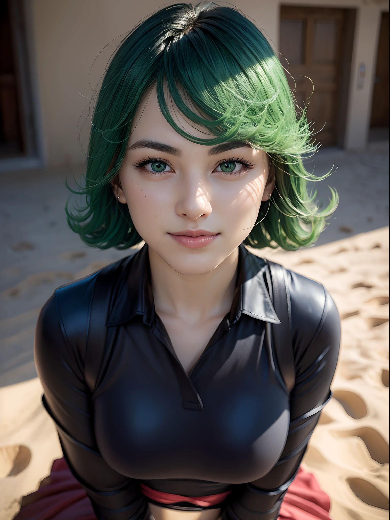 (masterpiece, best quality:1.4), (full body), 1girl, solo, outside, on a desert with sand and dust, tatsumaki, (pelvic curtain:1.2), long sleeves, black dress, (green hair), short hair, medium breasts, beautifull smile, beautiful face, highly detailed face, highly detailed eyes, highly detailed skin, skin pores, subsurface scattering, realistic pupils, full face blush, full lips, depth of field, volumetric lighting, sharp focus, absurdres, realistic proportions, good anatomy, (realistic, hyperrealistic:1.4), 16k hdr