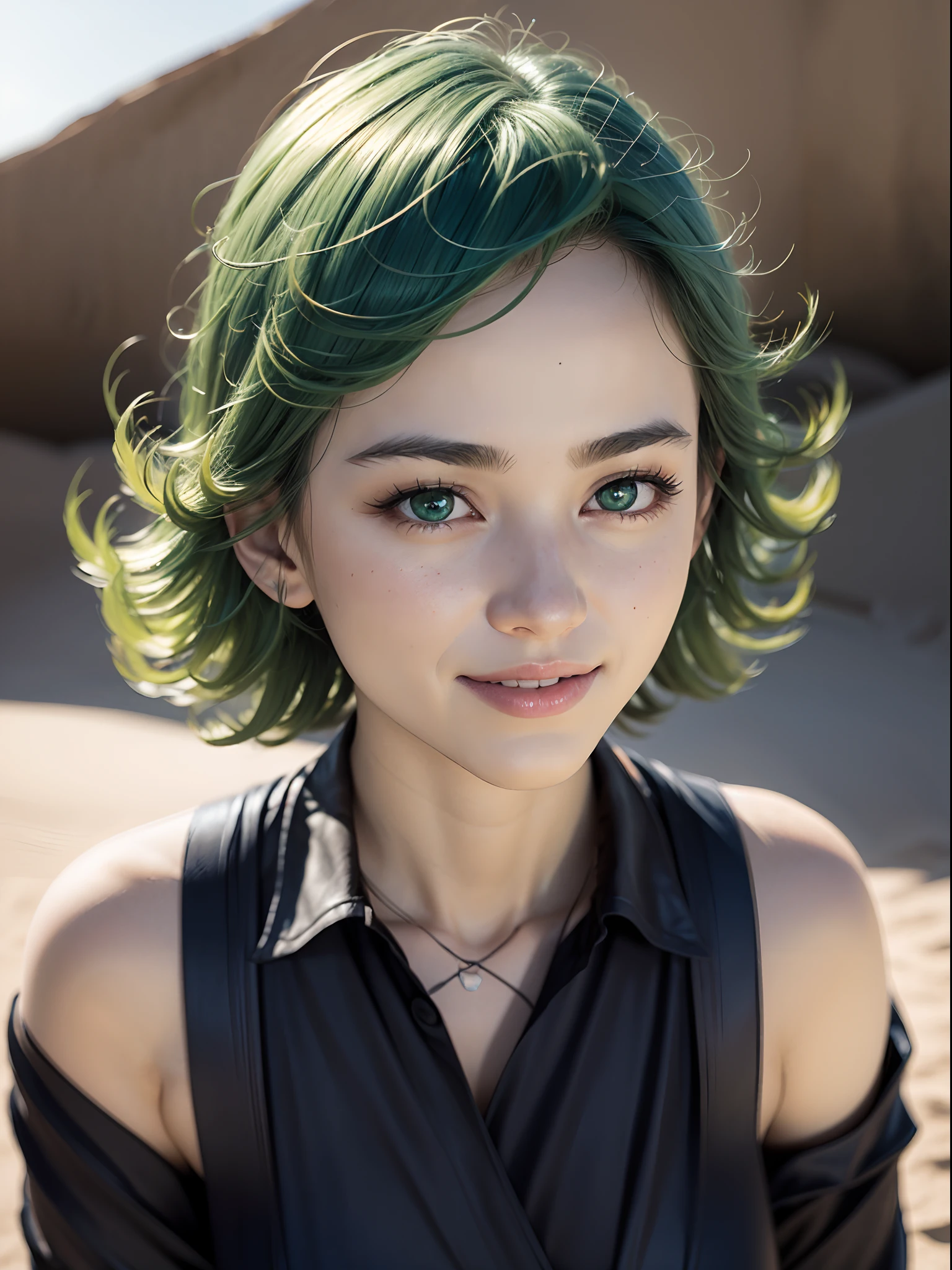 (masterpiece, best quality:1.4), (full body), 1girl, solo, outside, on a desert with sand and dust, tatsumaki, (pelvic curtain:1.2), long sleeves, black dress, (green hair), short hair, medium breasts, beautifull smile, beautiful face, highly detailed face, highly detailed eyes, highly detailed skin, skin pores, subsurface scattering, realistic pupils, full face blush, full lips, depth of field, volumetric lighting, sharp focus, absurdres, realistic proportions, good anatomy, (realistic, hyperrealistic:1.4), 16k hdr