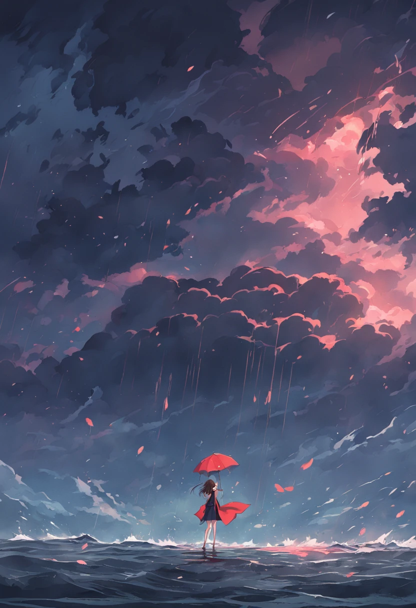 A black bow floating on the sea,Rain hit the sea,Dark and gloomy sky