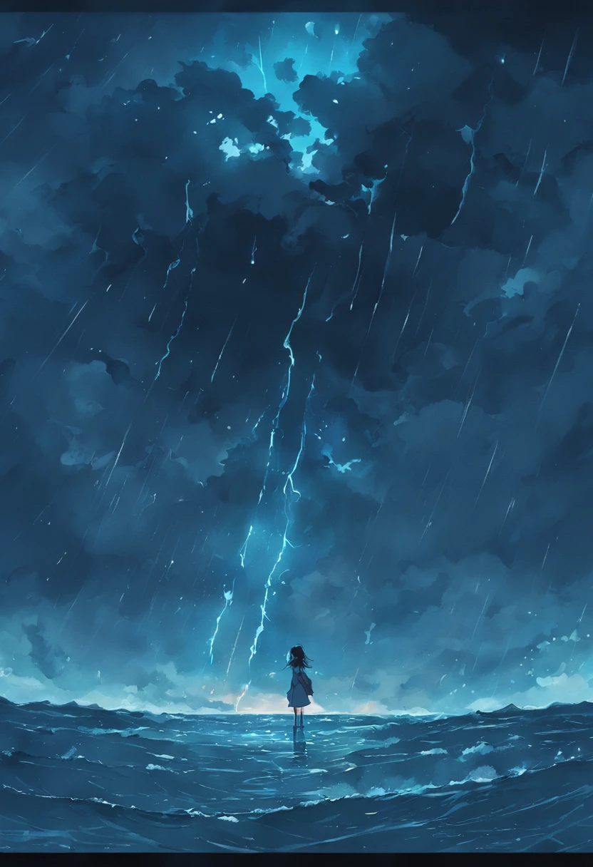 A black bow floating on the sea，Rain hit the sea，Dark and gloomy sky