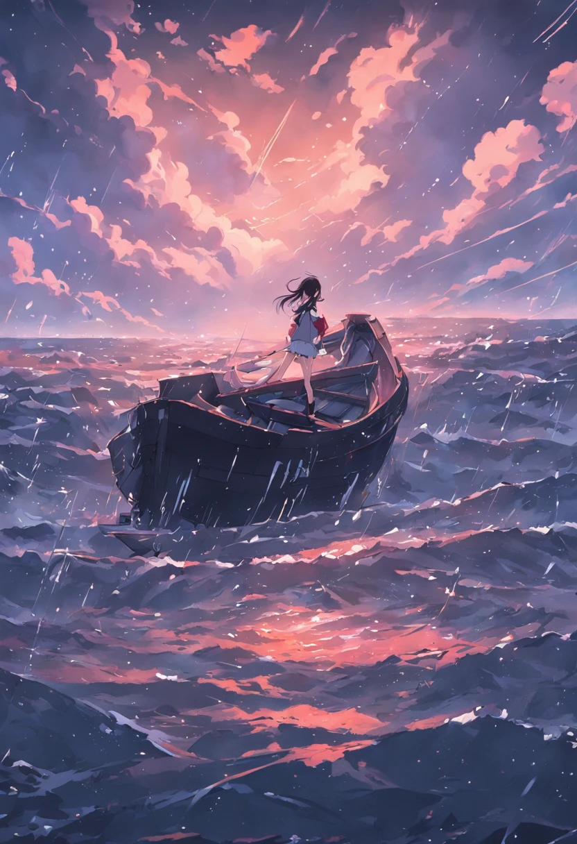 A black bow floating on the sea,Rain hit the sea,Dark and gloomy sky