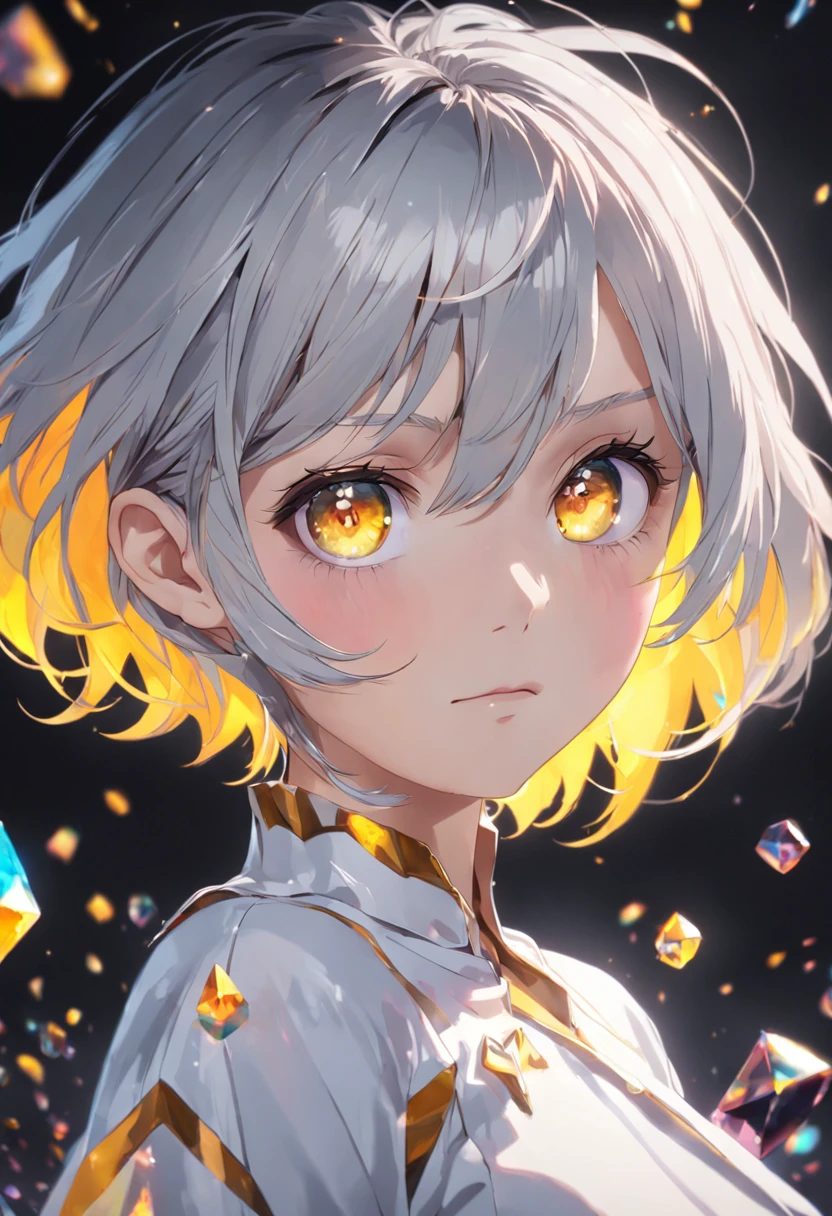 (masterpiece、top-quality、top-quality、Official art、lightly detailed、Beautifully Aesthetic:1.2)、(1girl in)、(Fractal Art:1.3)、very short hairstyle、silver hair color colorful、large yellow cristal eyes, close up SHOT, face shot, looking to the viewers, determined face, meaningful expression, wearing casual attire、animee, gorgeous colorful light detail、Intuitive、sharp、Precise focus、insta photo、photo of the year、cinema4d、Dramatic、