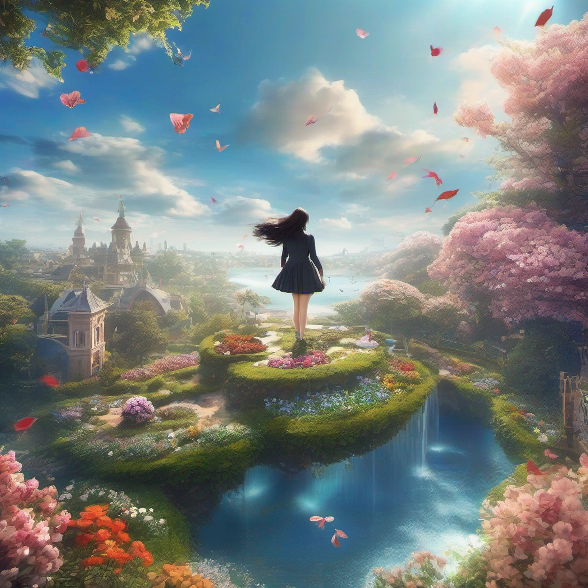 ccurate, best quality, masterpiece, UHD, high details, award winning, (Amazing:2.0), (Surrealism), Conceptual art, Verism, cinematic lighting, floating island in the sky, (((beautiful flower garden))), Horizon, blue sky, paradise scenery, flowers, wind flow, (((fantasy))), frontier, (magnificent space), blurry foreground, bokeh, Hasselblad, lens flare, beautiful school girl, (17 yr old), ((((full body)))), from behind, she moving, without looking at me, (((wearing school uniform))), black eyes, black hair, (floating hair), ((8 life size)), detailed hairstyles, detailed bodyline, anatomically correct, cute face, ((accurately portray her)),