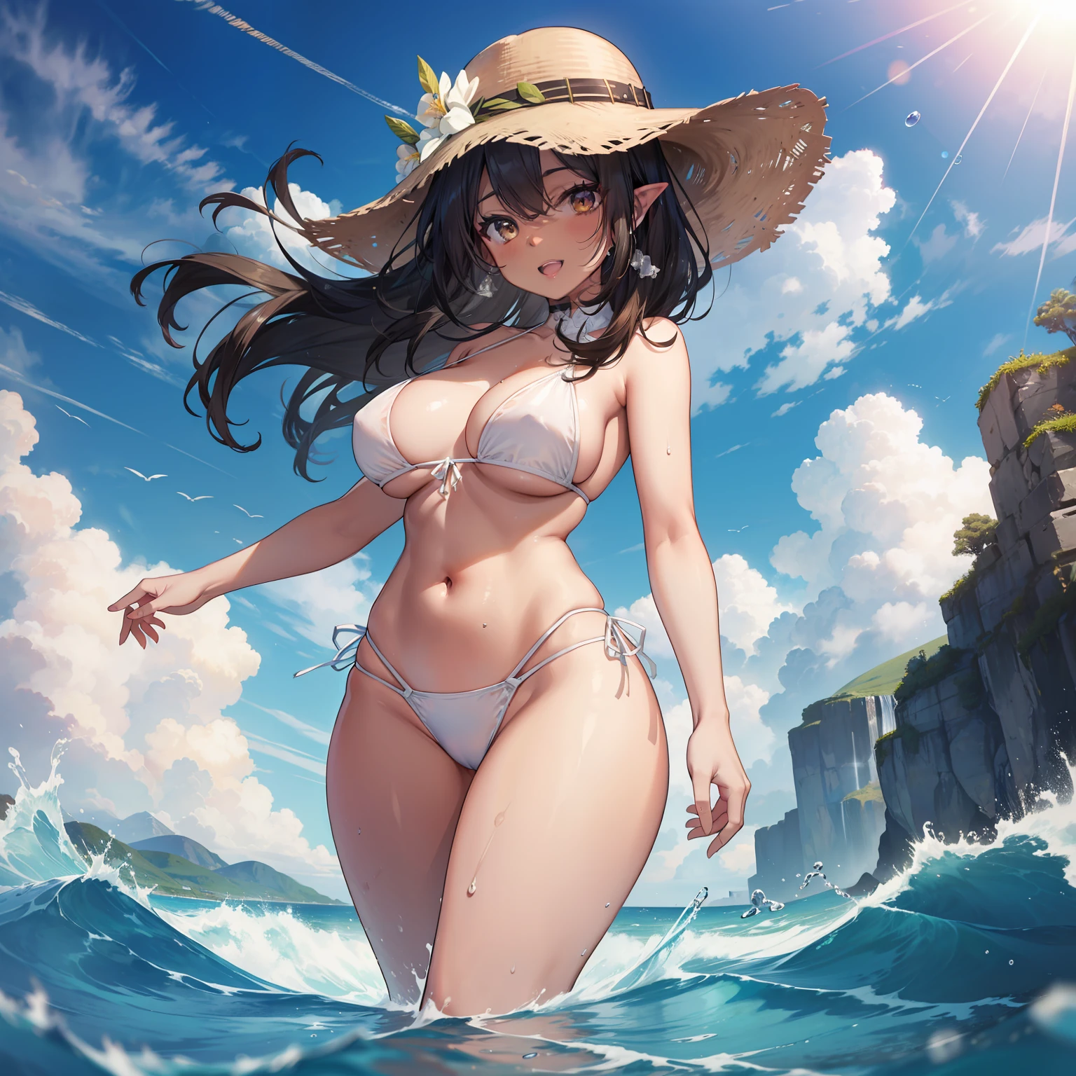 a brazilian woman, perfect anatomy, dark skin, light brown eyes, perfect, eyebrows, nose, normal ears, open mouth smiling, teeth, lips, big straight hair, hair details, bangs, locks, neck, shoulders, big chest , perfect belly, thin waist, thick legs, thick thighs, white bikini, standing, background scenery, no bad, water everywhere, water on the ground, ultra detailed water, waves, flying water, clear green water, beautiful day , clouds, sun, lighting, viewer view