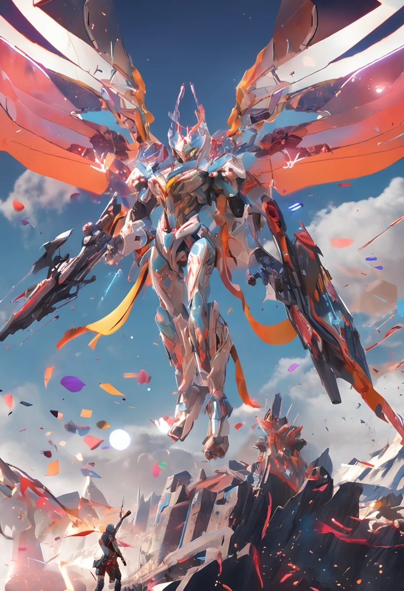 Many giants、raid、battle field、(Background with　Colorful fireworks:1.2),Viola、mountain ranges、pegasus、Near future、ciber、sea of clouds、the morning sun、wanting、grand、(1womanl:1.2),Biomechanical cyborg,Giant Swing、(Fly over the mountains),devastated,Shining Weapon,Dynamic Angle, splash art,Octane Render, Official art, Unity 8K Official Art, Unity 8k壁纸, ultra-detailliert, Beautiful and aesthetic,Extremely detailed, Dynamic Angle, Most Beautiful Form of Chaos, Elegant, a brutalist designed, vivd colour, barroco, by james jean, roby dwi antono, by Ross Tran, Francis Bacon, michal mraz, Adrian Ghenny, petra cortright, Gerhard Richter, Takato Yamamoto, Ashley Wood, Atmospheric, ecstasy of musical notes, streaming musical notes visible,Sun Knight,Glasswork,realistic representation of face, Detailed beautiful delicate face, Detailed beautiful delicate eyes,Realistic lighting and shading, (an extremely delicate and beautiful art)1.3, Elegant,(Dutch Angle,Good anatomy),
