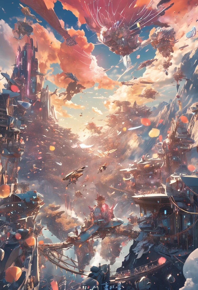 Many giants、raid、battle field、(Background with Colorful fireworks:1.2),Viola、mountain ranges、pegasus、Near future、ciber、sea of clouds、the morning sun、wanting、grand、(1womanl:1.2),Biomechanical cyborg,Giant Swing、(Fly over the mountains),devastated,Shining Weapon,Dynamic Angle, splash art,Octane Render, Official art, Unity 8K Official Art, Unity 8k壁纸, ultra-detailliert, Beautiful and aesthetic,Extremely detailed, Dynamic Angle, Most Beautiful Form of Chaos, Elegant, a brutalist designed, vivd colour, barroco, by james jean, roby dwi antono, by Ross Tran, Francis Bacon, michal mraz, Adrian Ghenny, petra cortright, Gerhard Richter, Takato Yamamoto, Ashley Wood, Atmospheric, ecstasy of musical notes, streaming musical notes visible,Sun Knight,Glasswork,realistic representation of face, Detailed beautiful delicate face, Detailed beautiful delicate eyes,Realistic lighting and shading, (an extremely delicate and beautiful art)1.3, Elegant,(Dutch Angle,Good anatomy),
