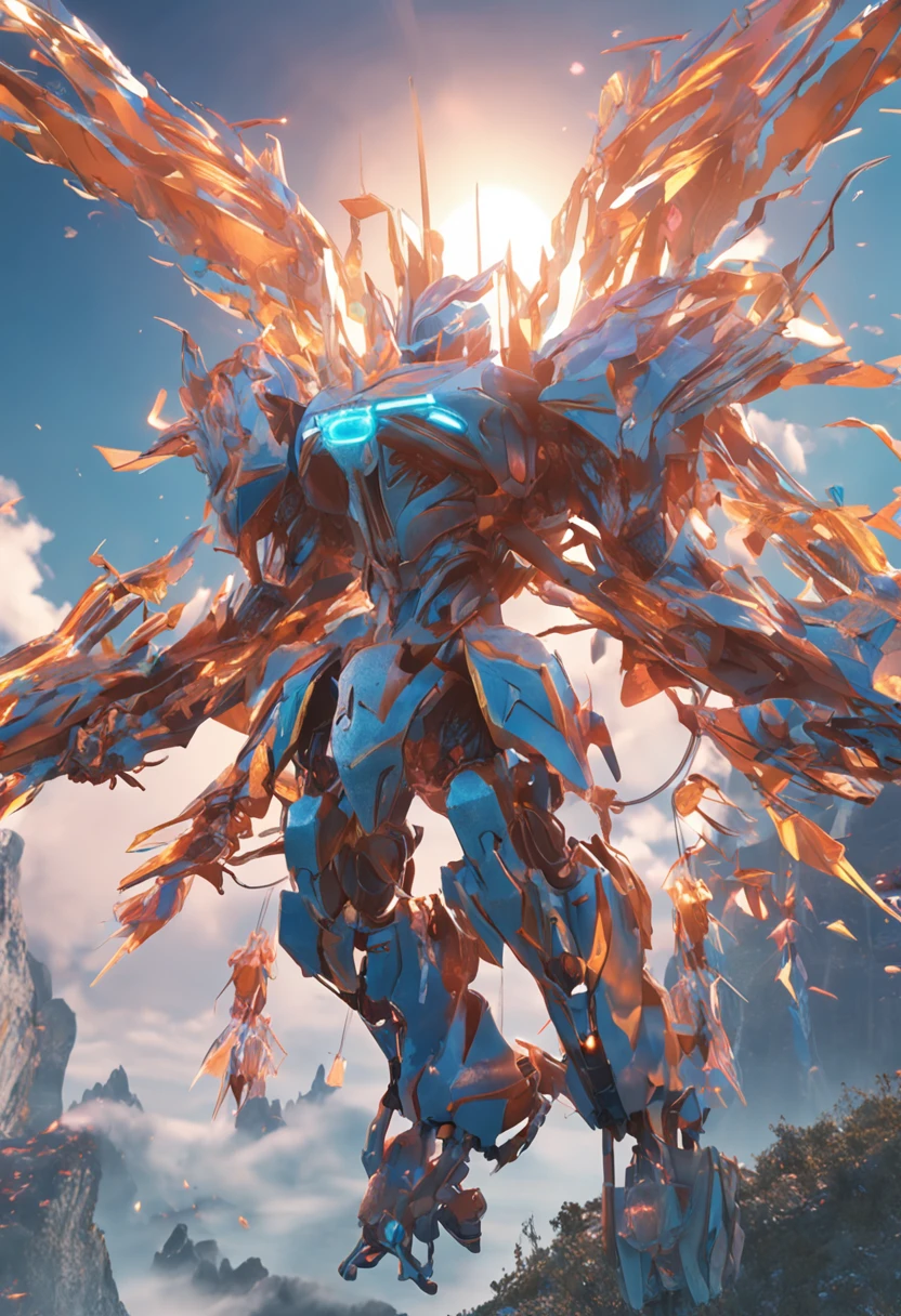 Many giants、raid、battle field、(Background with Colorful fireworks:1.2),Viola、mountain ranges、pegasus、Near future、ciber、sea of clouds、the morning sun、wanting、grand、(1womanl:1.2),Biomechanical cyborg,Giant Swing、(Fly over the mountains),devastated,Shining Weapon,Dynamic Angle, splash art,Octane Render, Official art, Unity 8K Official Art, Unity 8k壁纸, ultra-detailliert, Beautiful and aesthetic,Extremely detailed, Dynamic Angle, Most Beautiful Form of Chaos, Elegant, a brutalist designed, vivd colour, barroco, by james jean, roby dwi antono, by Ross Tran, Francis Bacon, michal mraz, Adrian Ghenny, petra cortright, Gerhard Richter, Takato Yamamoto, Ashley Wood, Atmospheric, ecstasy of musical notes, streaming musical notes visible,Sun Knight,Glasswork,realistic representation of face, Detailed beautiful delicate face, Detailed beautiful delicate eyes,Realistic lighting and shading, (an extremely delicate and beautiful art)1.3, Elegant,(Dutch Angle,Good anatomy),