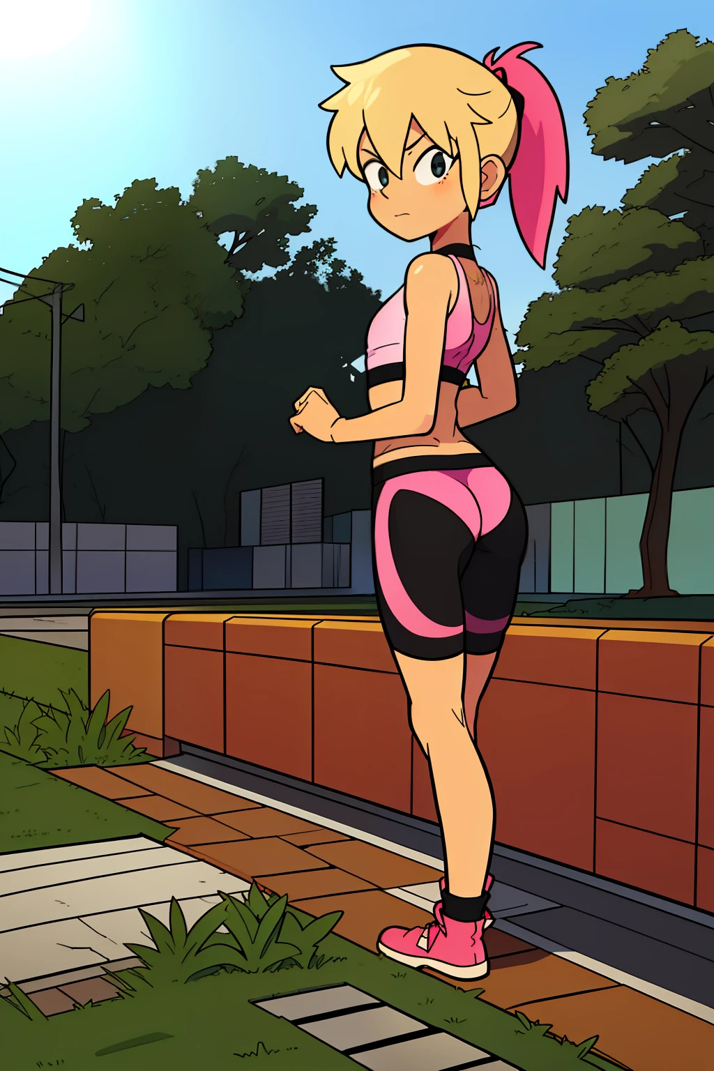 GameGirl , (blonde ponytail) with pink streak highlights, 80's anime style, (flat chest),  thighs, hips, small waist,  park bench, biker shorts,  cloudy day, near train tracks, bike rack, weak wilted plants, cracks in sidewalk, butterflies and daisies, sunlight shining on character, ass