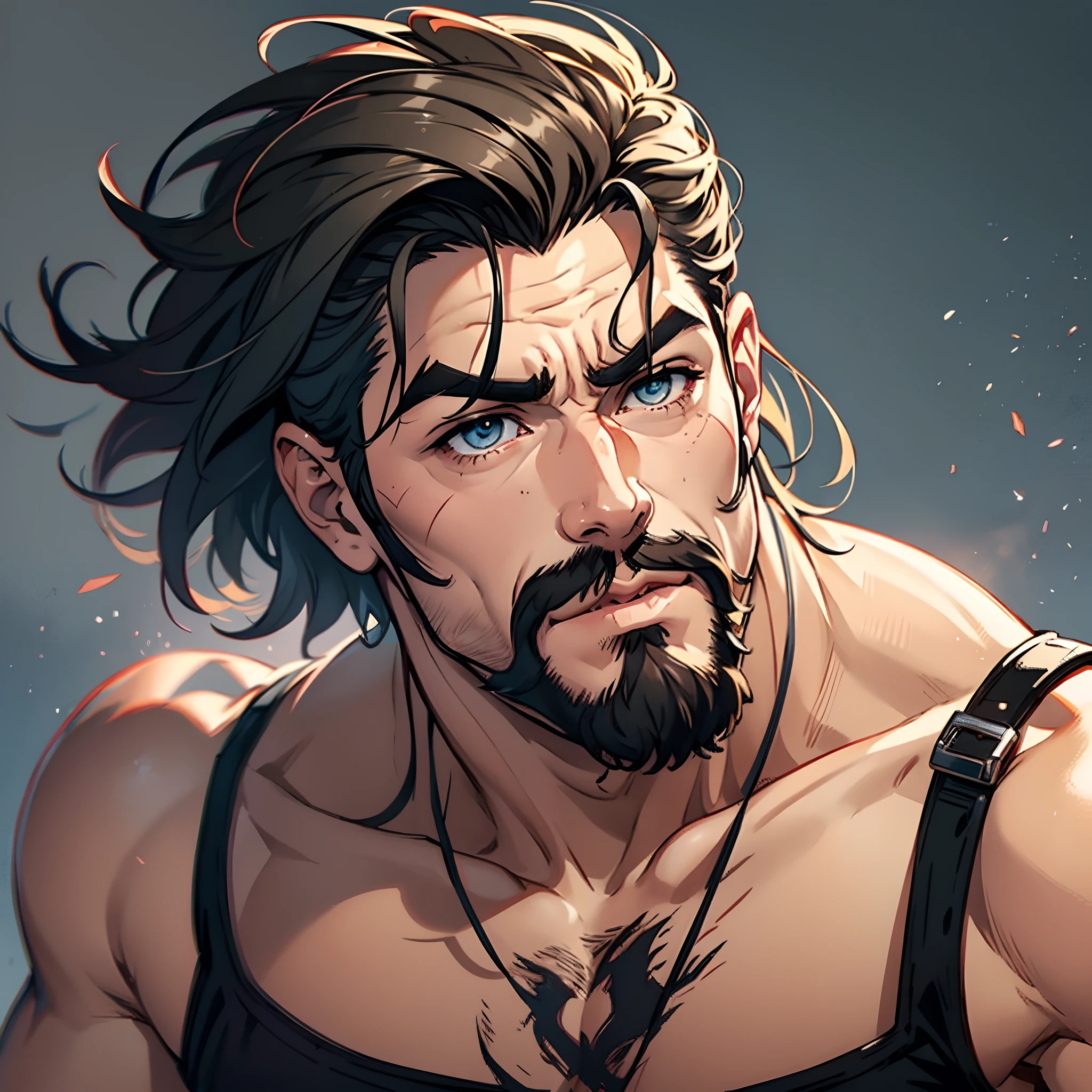 (extremely detailed CG unity 4k wallpaper),(masterpiece),(best quality),(ultra-detailed),(best illustration),(best shadow),(absurdres),(detailed background), Detailed face, Detailed hair, upperbody shot, Ancient Sumerian middle-aged male, black skin tone, black hair, muscular, Serious face, scars,