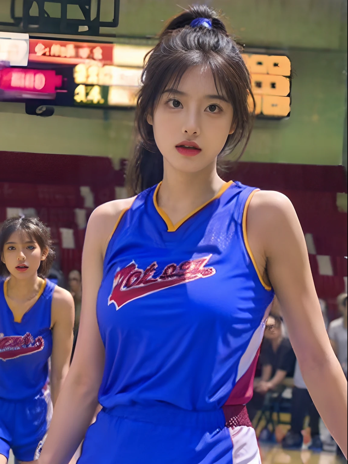 Woman in basketball uniform, Sexy, Medium breasts, Seductive pose, full of sweat