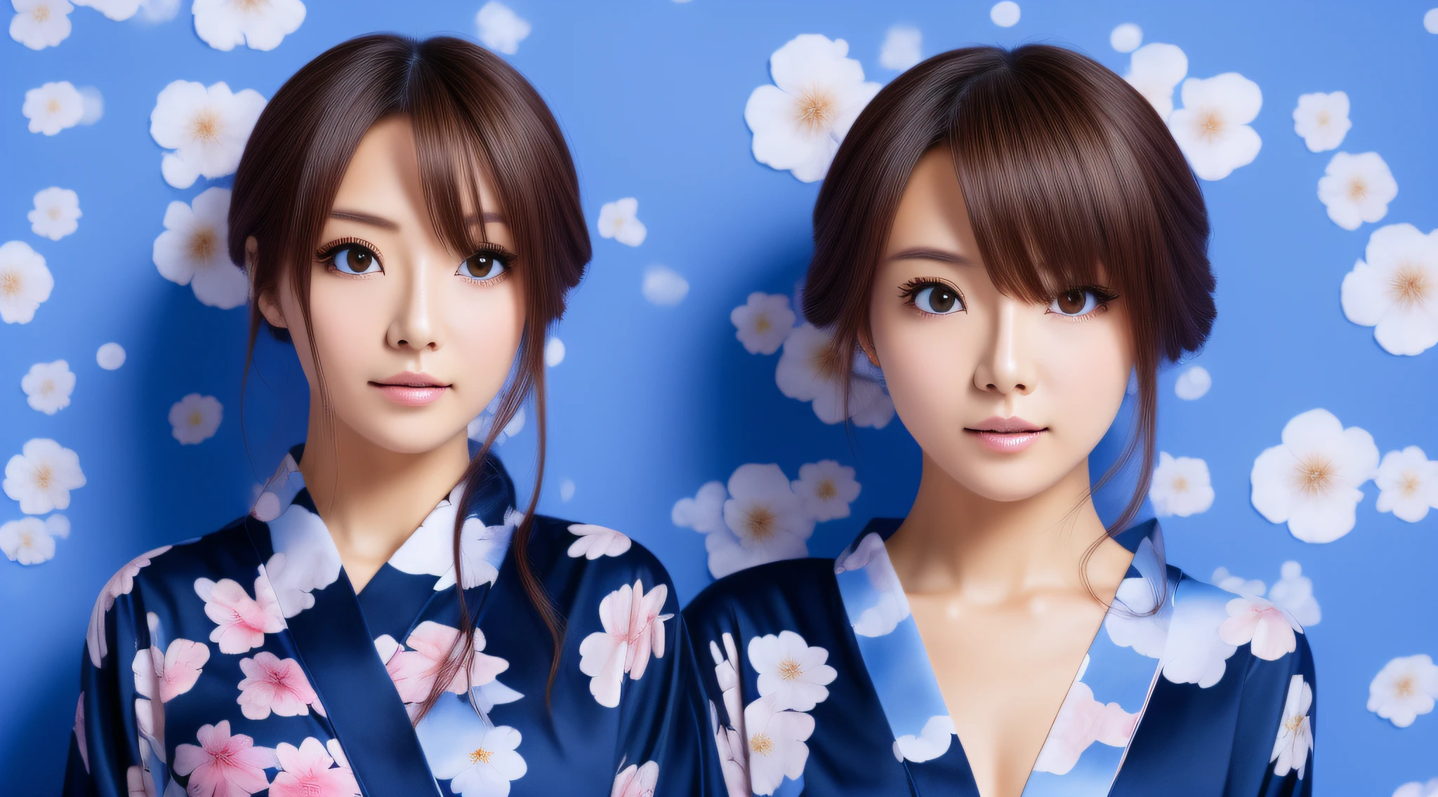 A single anime woman is looking at the camera, with black eyes and black tied up hair, wearing a navy blue flower petal printed yukata, is standing in front of a absolute icy blue background and is curiously looking at the camera with one of her eyebrow up in curiosity. This is a promotional picture. She is alone. SFW.