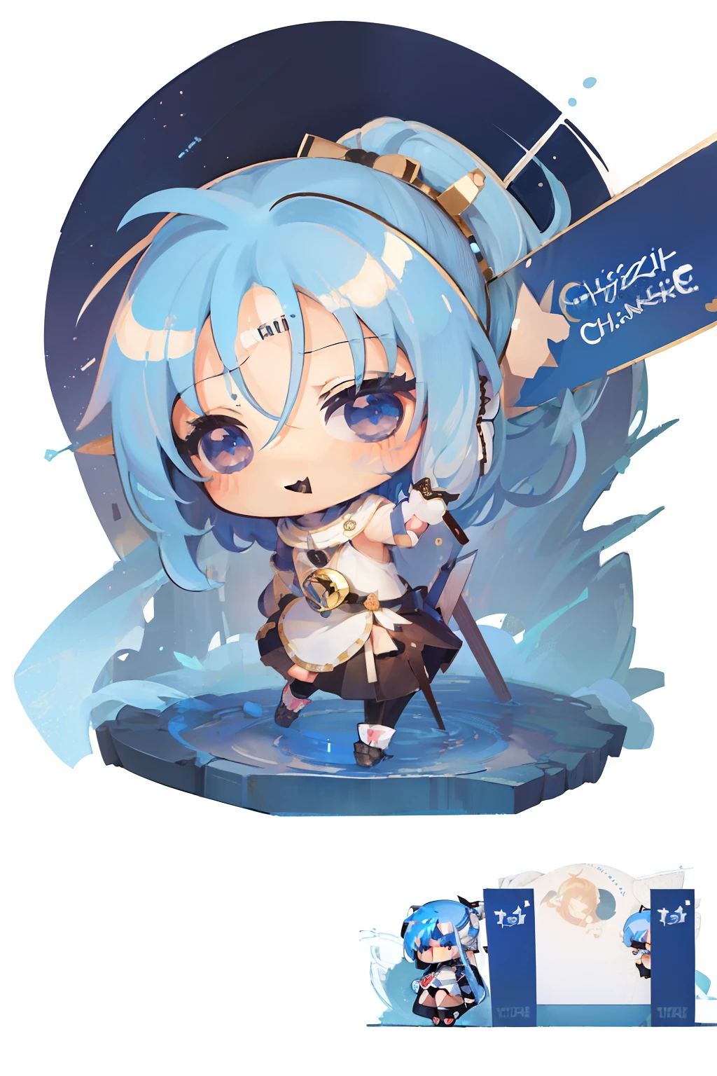 ​masterpiece,HIG quality,[(White background:1.4)::5],(Chibi:1.8),Bottle Bottom,candelabra,pedestal,nffsw,((Chibi Chara)),（hightquality, Cute and beautiful Chibi:1.4),long hair of blue color，Thin ponytail,two - handed sword