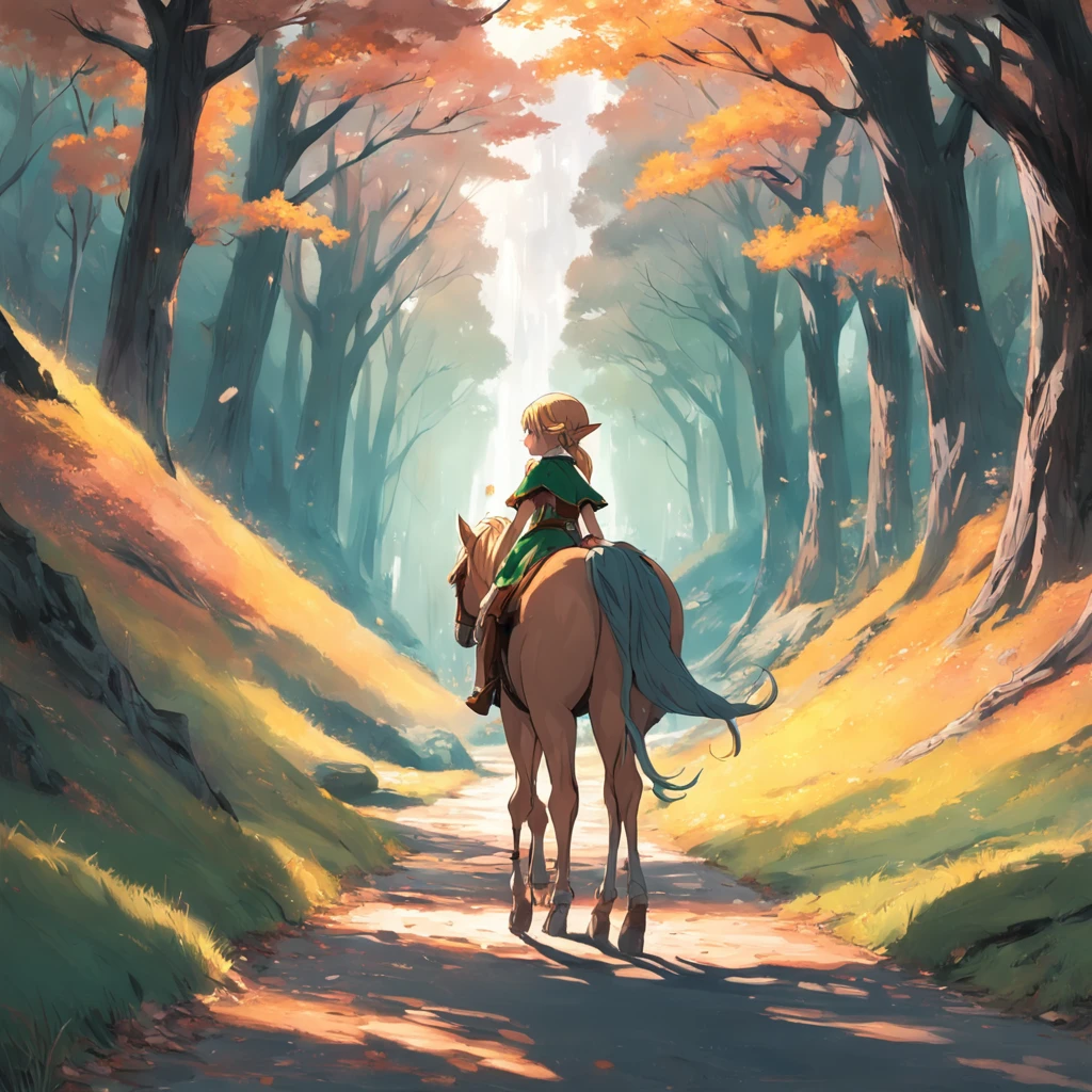 elf girl walking along the road that overlooks a wood holding a horse by the rope