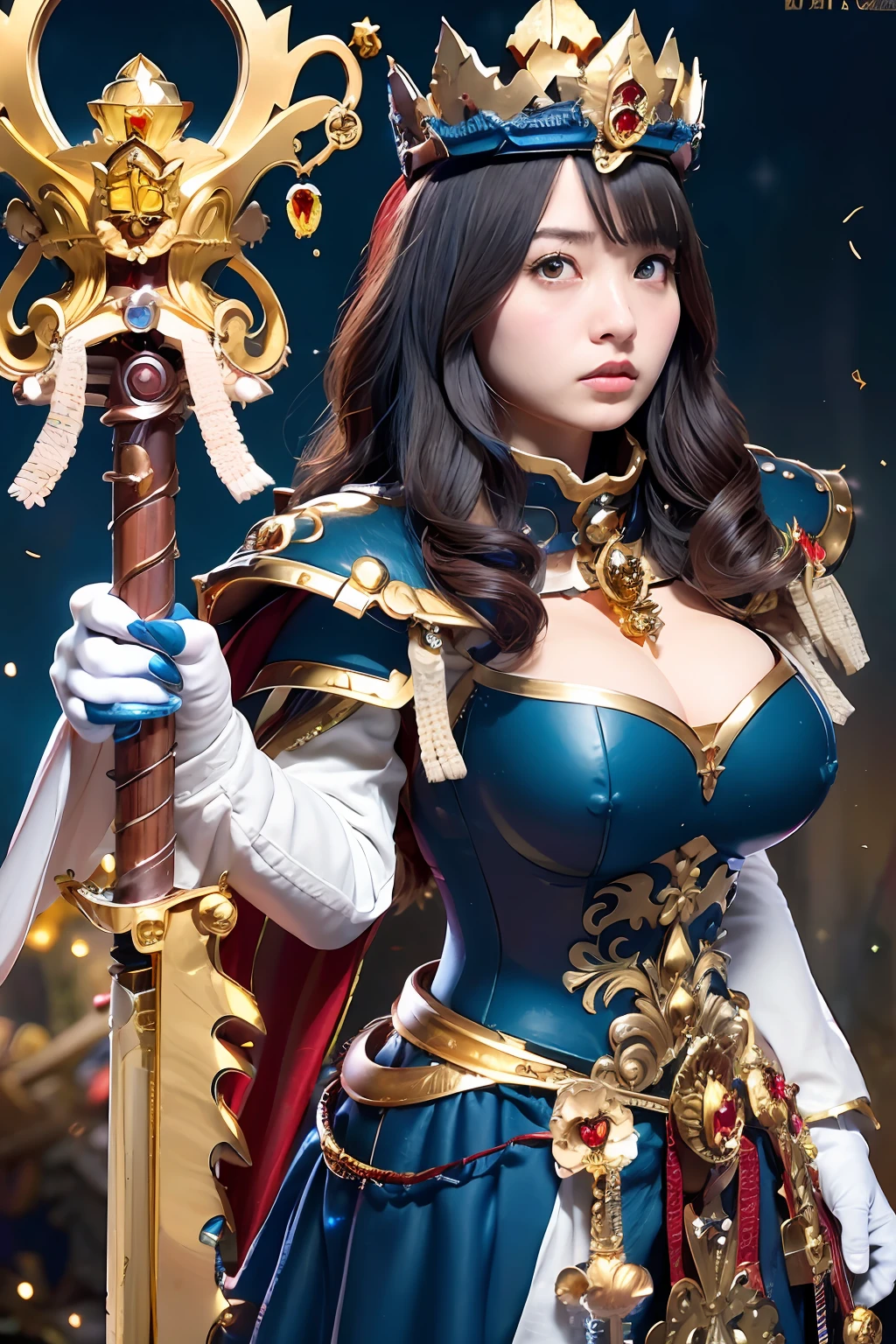 (masutepiece), Professional , ​masterpiece、top-quality、photos realistic , depth of fields ,（Wind element），close-up，dream magical，tornado，Lightning，（Gemstone Gold Jewel Body:1.６),(Matte Blue、Jewel Gold Weapon_、（Metal:1.４),Gorgeous Jewel Metal Weapons ,(( Detailed Sword of the Brave)) ,  Black castle background  ,warhammer 40k , adepta sororitas,Detail and ornate jewel crown、Brown hair、（(Gangle's forest background))、Beautiful Caucasian beauty、１a person、dynamic ungle,(((Detailed and ornate diamond crown)))、Particles of light、cleavage of the breast、Battle Pose、