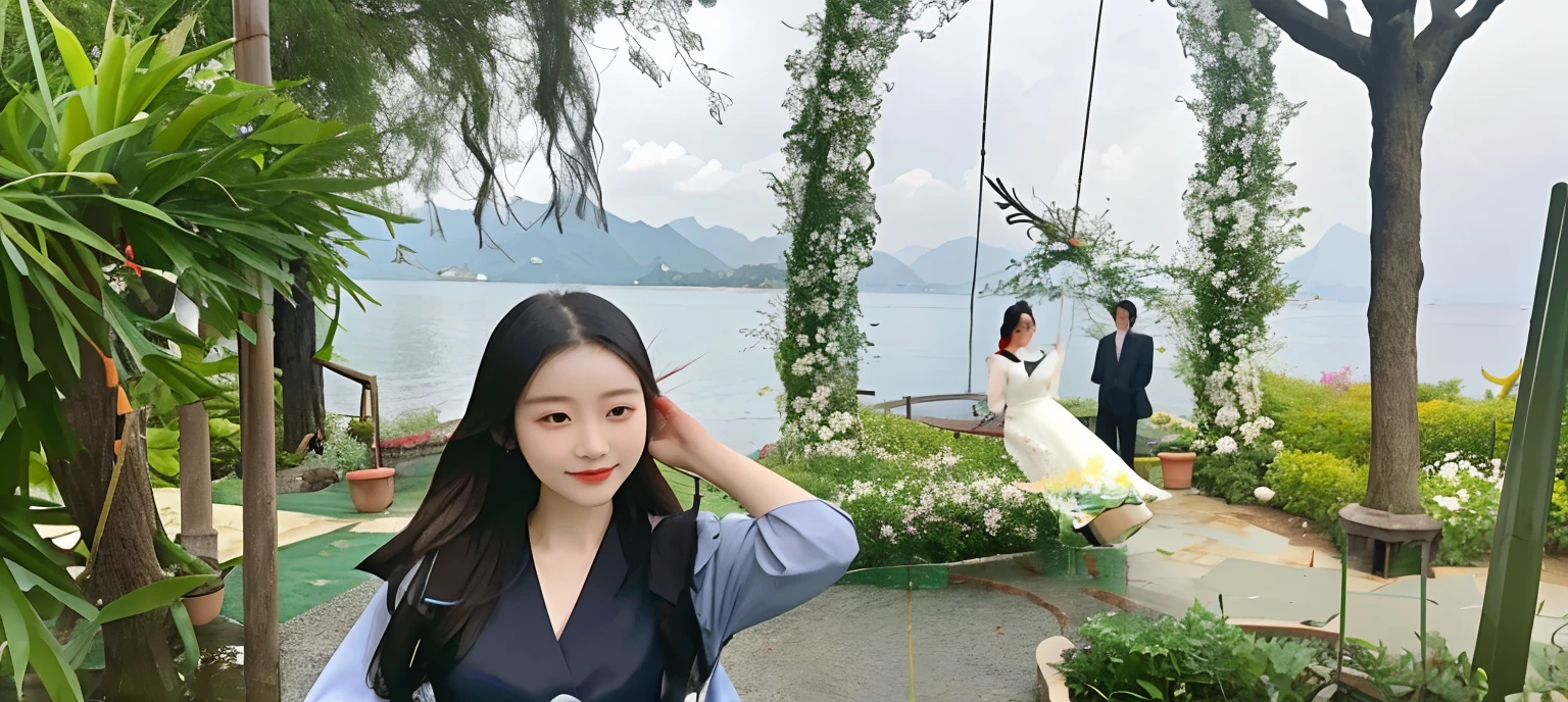 There was a woman standing in the garden swinging, queen of the sea mu yanling, Lake in the background, with a figure in the background, with the mountains in the background, paradise in the background, fish in the background, background is heavenly, park in background, zeng fanzh, xintong chen, with a tree in the background