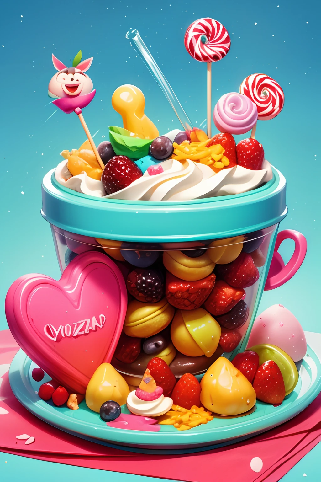 high quality, masterpiece, frozen yogurt, toppings, sweets, lollipops, sprinkles, berries
