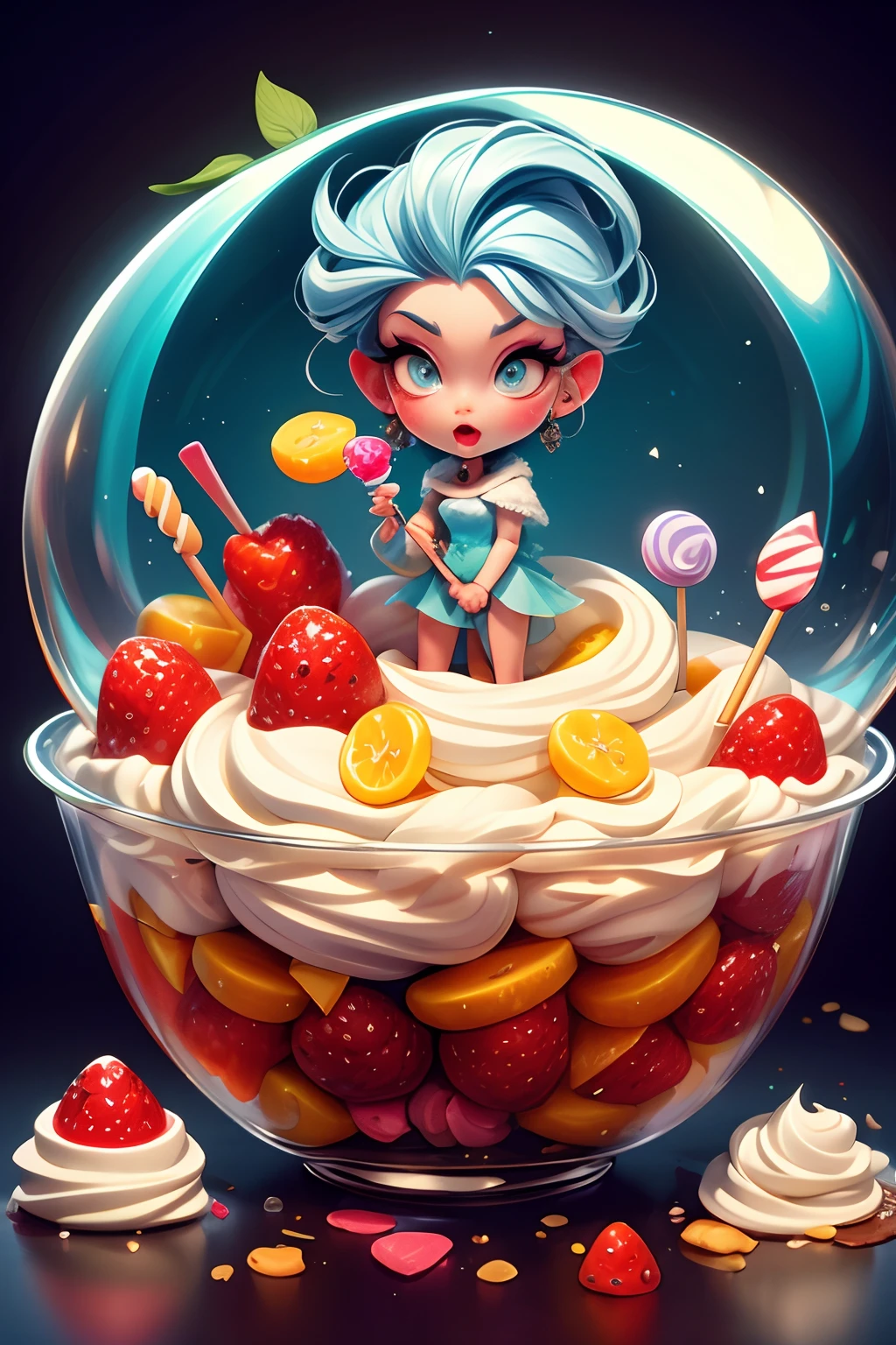 high quality, masterpiece, frozen yogurt, toppings, sweets, lollipops, sprinkles, berries