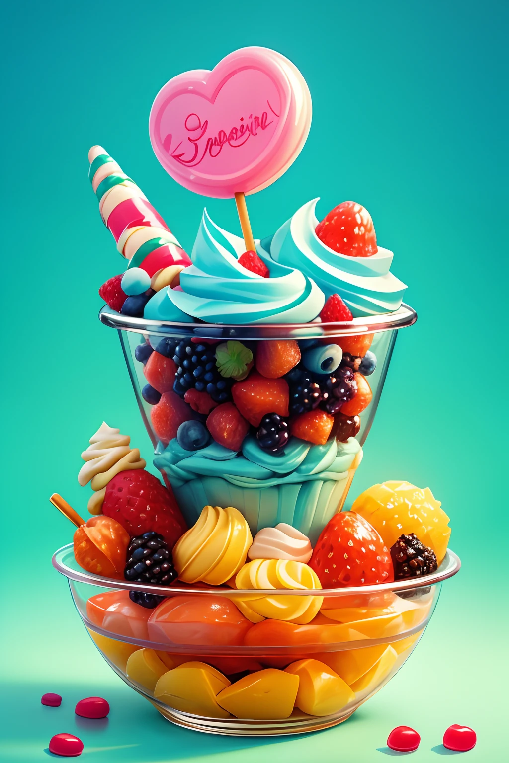 high quality, masterpiece, frozen yogurt, toppings, sweets, lollipops, sprinkles, berries