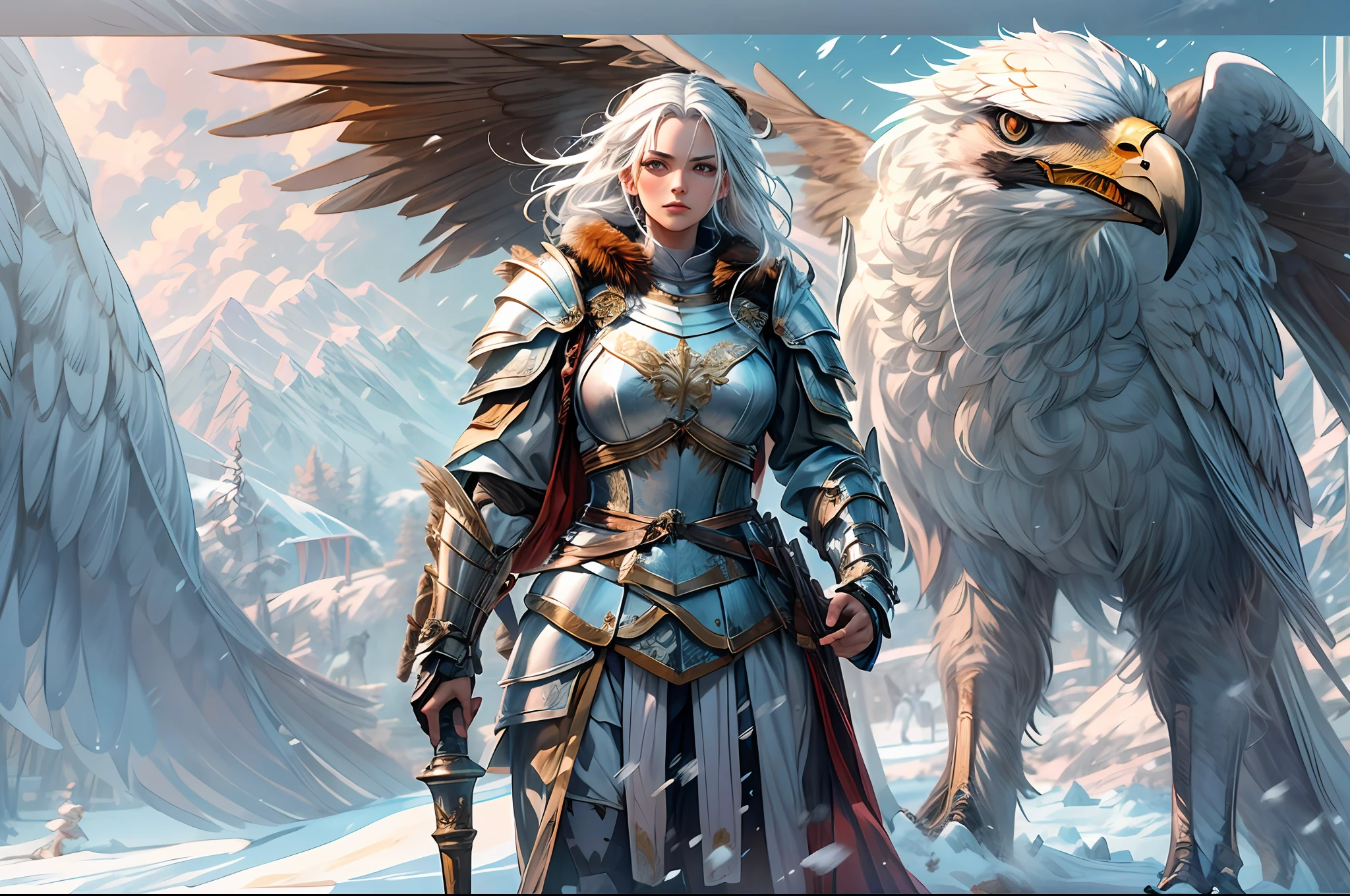 "Best quality, highly detailed masterpiece of a photo realistic female general in armor with white hair, standing in a snowy valley, accompanied by an eagle and holding a torch. The scene depicts a battlefield in winter during the ice age, with skeleton cavalry."