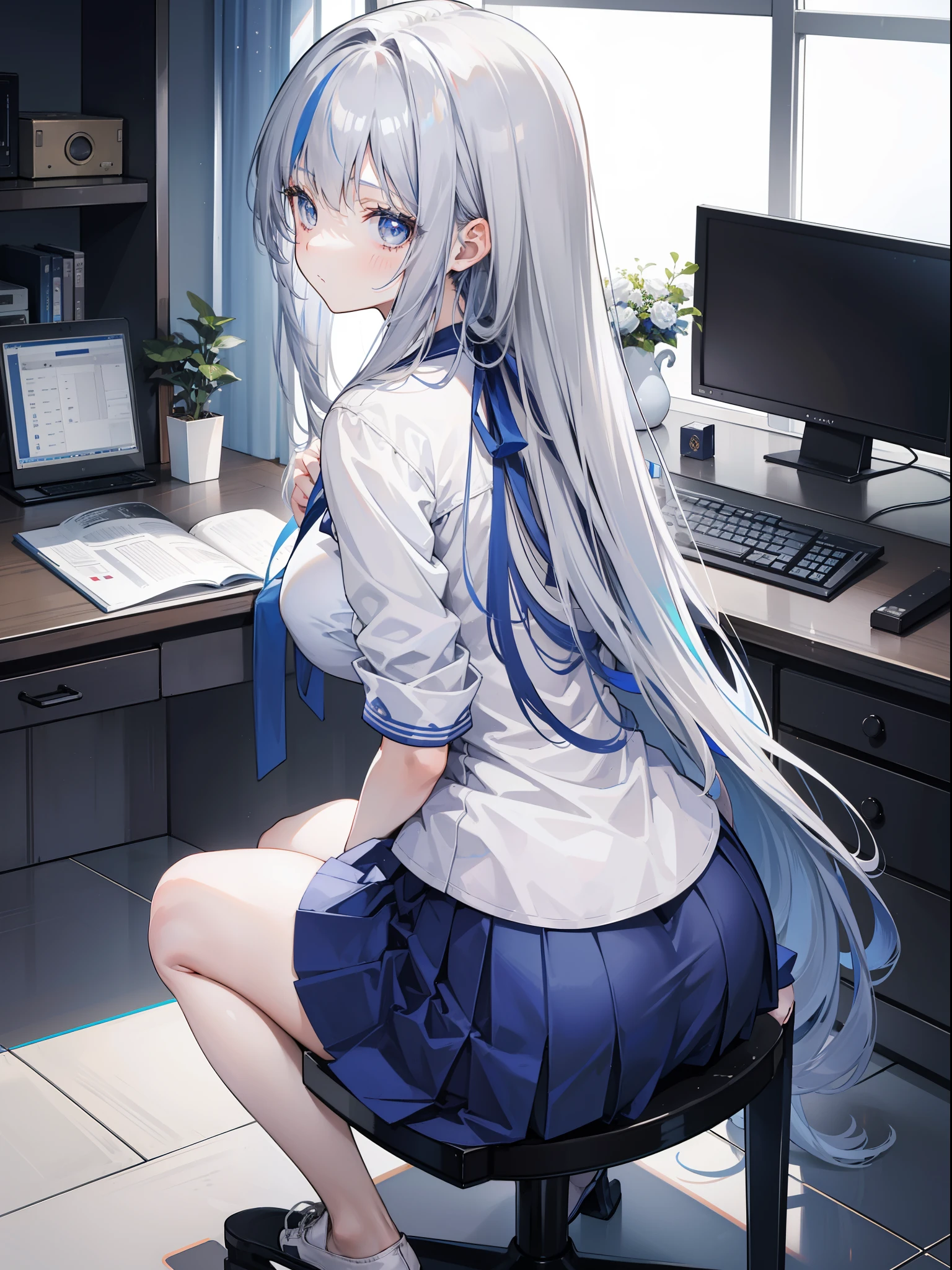 1girl, 164 cm height, tall girl, navy colored hair, very long hair, white silver eyes, blue skirt, high school uniform, blue ribbon, sitting, butt form, back view, no looking, sit on chair, crouching, butt view, butt full view