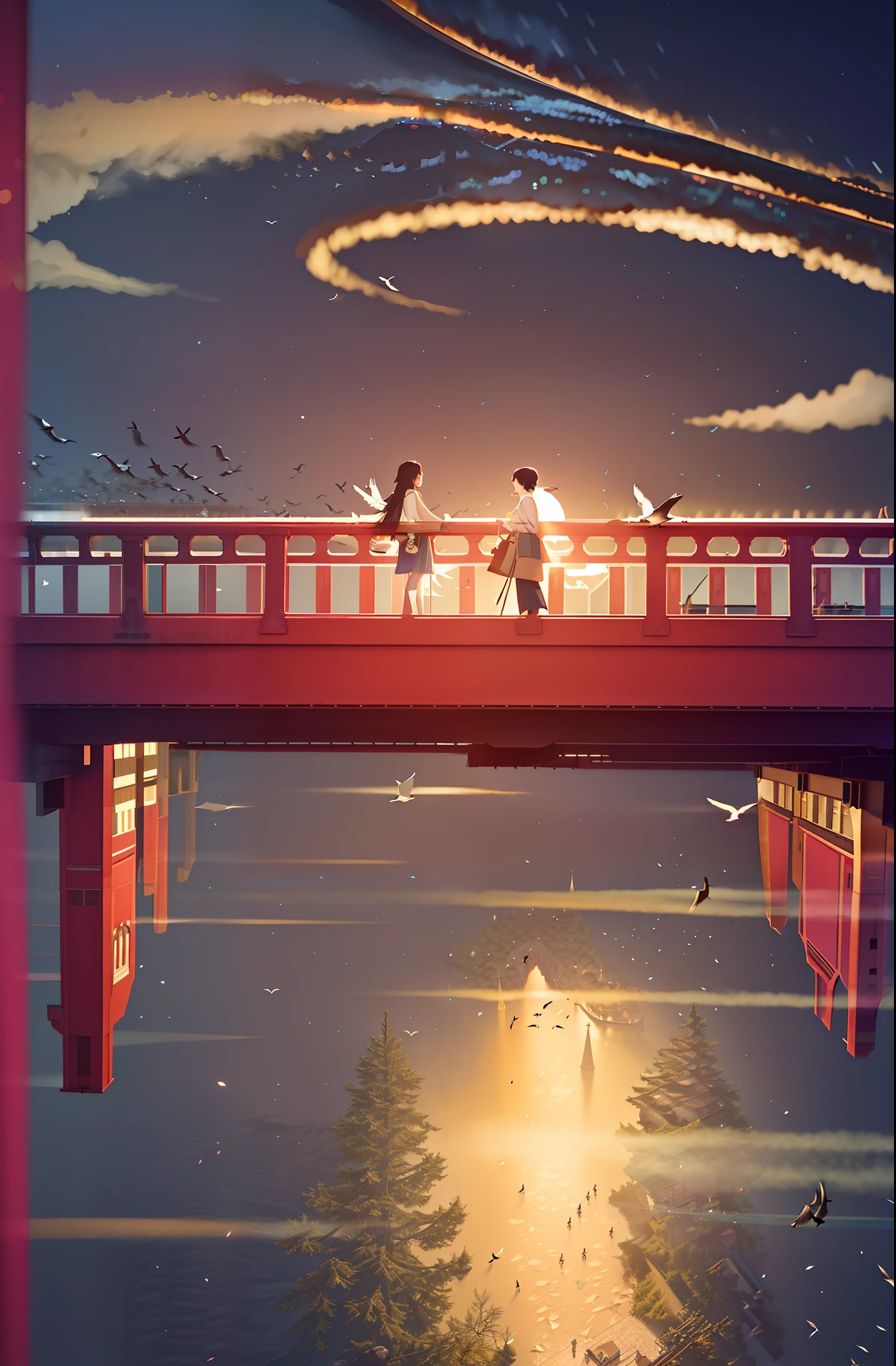 There were several people standing on the bridge, A beautiful artwork illustration, in style of atey ghailan, , blurry and dreamy illustration, calm evening. Digital illustration, , by Atey Ghailan,There is a flock of large birds flying on the bridge deck