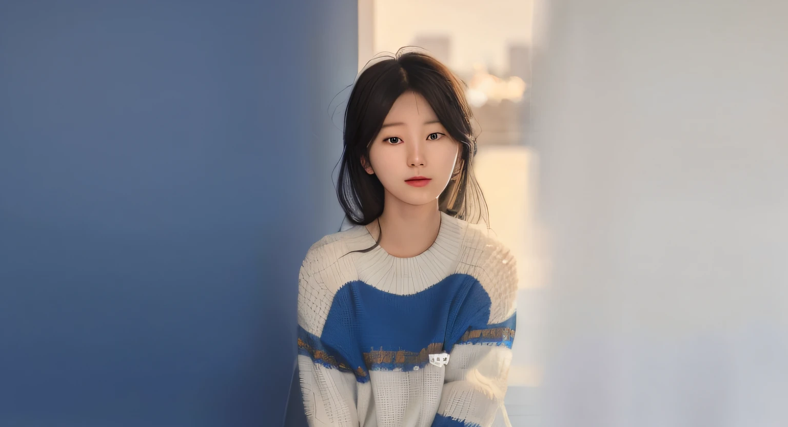 Arad woman sitting in blue chair in blue and white sweater, Soft portrait shot 8 K, ulzzangs, young lovely Korean faces, 🤤 girl portrait, lofi portrait, Soft portrait, Shin Jinying, Korean girl, Realistic. Cheng Yi, jaeyeon nam, lofi portrait at a window, portrait of female korean idol, young cute wan asian face