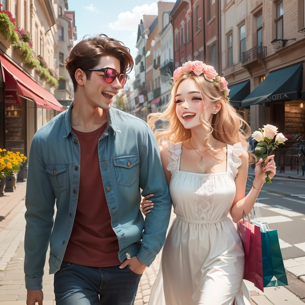 couple,street corner,having fun,Rose flower,teeth,Background bokeh,Shopping,The facial features are clear and natural,k hd,Rose flower,Rose flower