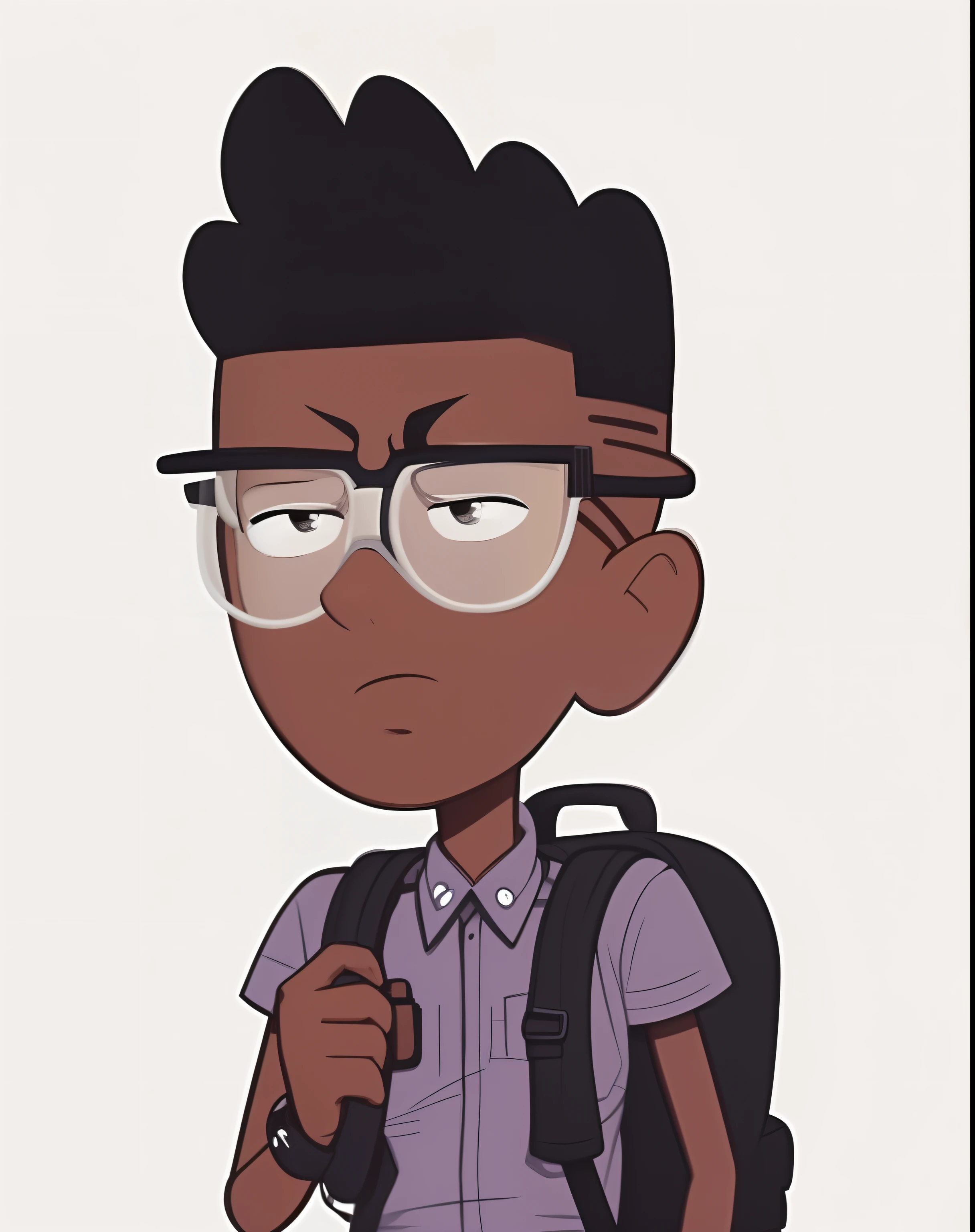 cartoon of a boy with glasses and a backpack looking angry, No estilo de Tyler Mitchell, in cartoon style, name of the character is chad, Serious cartoon, inspirado em Greg Staples, design de personagens animados, Directed by: Mario Cooper, personagem de desenho animado, cel sombreado, estilo de arte dos desenhos animados, estilo de desenho animado simples, estilo animado, Pouty, cel sombreado!!!, animation character