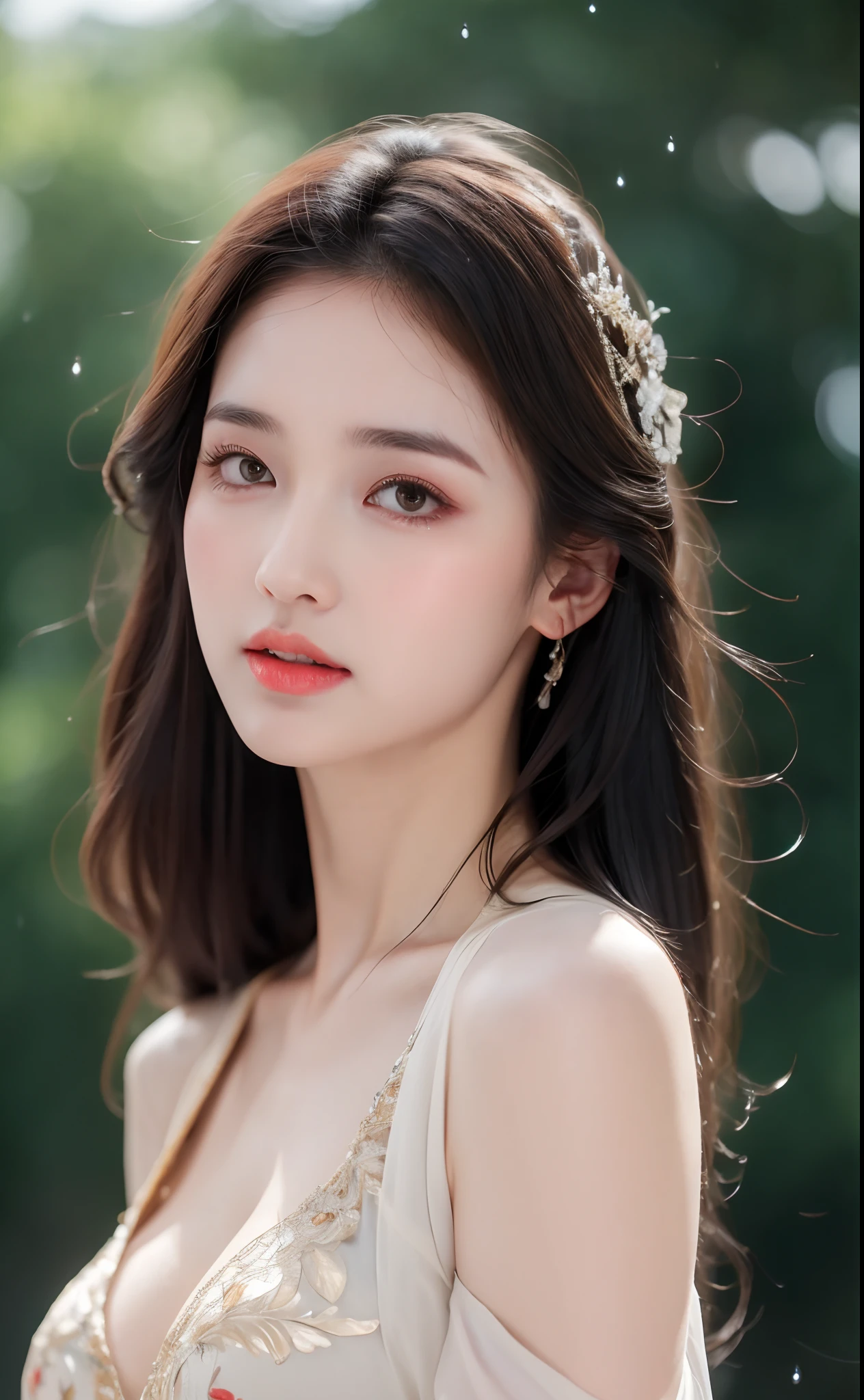 ((Best Quality, 8k, Masterpiece: 1.3)), Focus: 1.2, Perfect Body Beauty: 1.4, Buttocks: 1.2, ((Layered Haircut)), (Wet Clothes: 1.1), (Rain, Street:1.3), (Breasts: 1.2), (Hanfu: 1.2), Bare Shoulders, Bare Legs, Highly Detailed Face and Skin Texture, Fine Eyes, Double Eyelids, Whitened Skin, Long Hair, (Shut Up: 1.5), (Bokeh Background: 1.5), Big Breasts