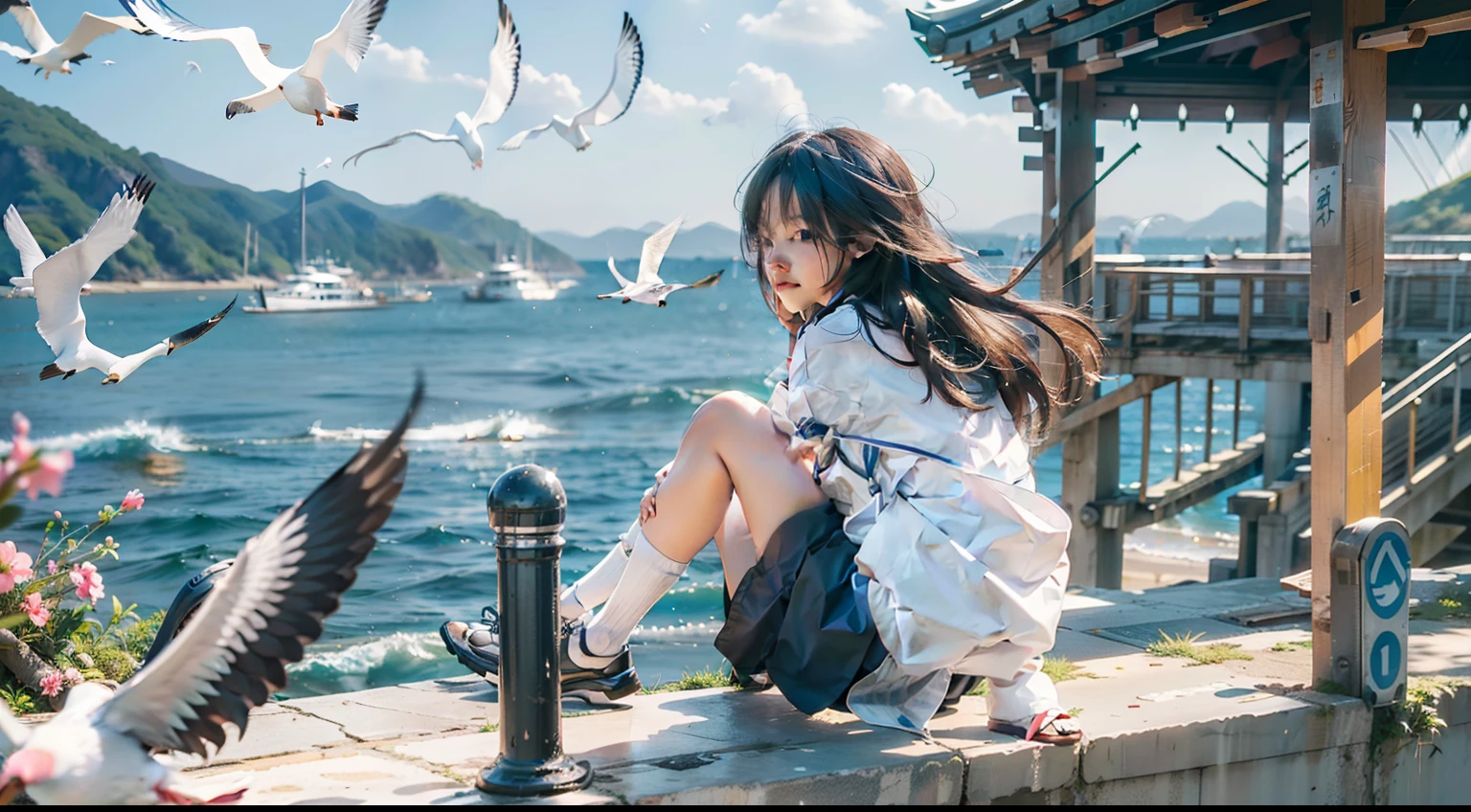 In a Japanese anime style,A schoolgirl sits on an embankment by the sea,Wear a student uniform,Long hair flutters in the wind,There are boats and seagulls in the distance,Blue sea