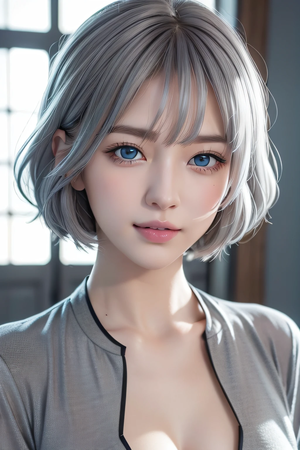 (Blue eyes:1.2)、The best smile、(Ash gray hair:1.5)、、short-hair, (Raw photography、top-quality)、(realisitic、Photorealsitic:1.3)、top-quality、​masterpiece、extremely delicate and beautiful、A highly detailed、nffsw、A sense of unity、2k wallpaper、magnifica、Beautiful in every detail、​masterpiece、浅笑、top-quality、Highly detailed ticker Unity 8K wallpapers、huge filesize、ultra-detailliert、hight resolution、ighly detailed、Female 1 Person、Slim body、D-cups、(Black Leotard Top:0.7)、(Pink skirt:1.2)、Look at the front、Sharp Focus、Face Close-up、pureerosface_v1:0.8 Short Hair、Instagram、Viewer's Perspective、selfee