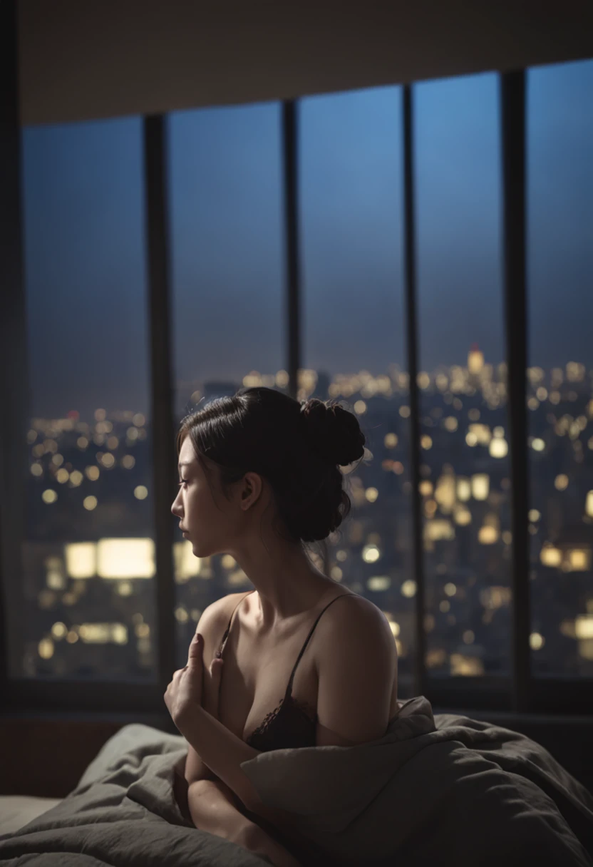 Lying in bed、Women who wake up only the upper body,Backshots,, during night, calm night, stylised illustration, Being in a room in a luxury apartment, From the side, stylized silhouette、One stroke、Behind the scenes looking out over the city、The upper body is not wearing anything、backs、Put on a futon up to your waist、A dark-haired、natta、nighttime scene、posterior view、sad、Staring out the window、Don't show your face、Status Awakening、Rear view