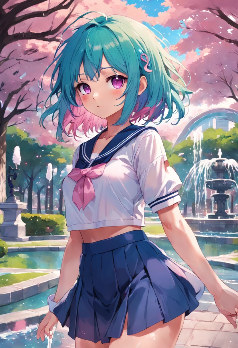 A beautiful Shibuya girl, waist length messy turquoise hair, heterochromia pink and purple eye color, navy blue crop top with sailor colar and matching skirt with navy blue torn leggings, happy, making soap iridiscent bubbles in park with sakura trees and fountain at sunset, Full body Beautiful anime style girl, clean detailed face, intracate clothing, analogous colors, glowing shadows, beautiful gradient, depth of field, clean image, high quality, high detail, high definition, Luminous Studio graphics engine, cute face, kawaii,big breast, slim waist, nice hips, Yamano Ayane