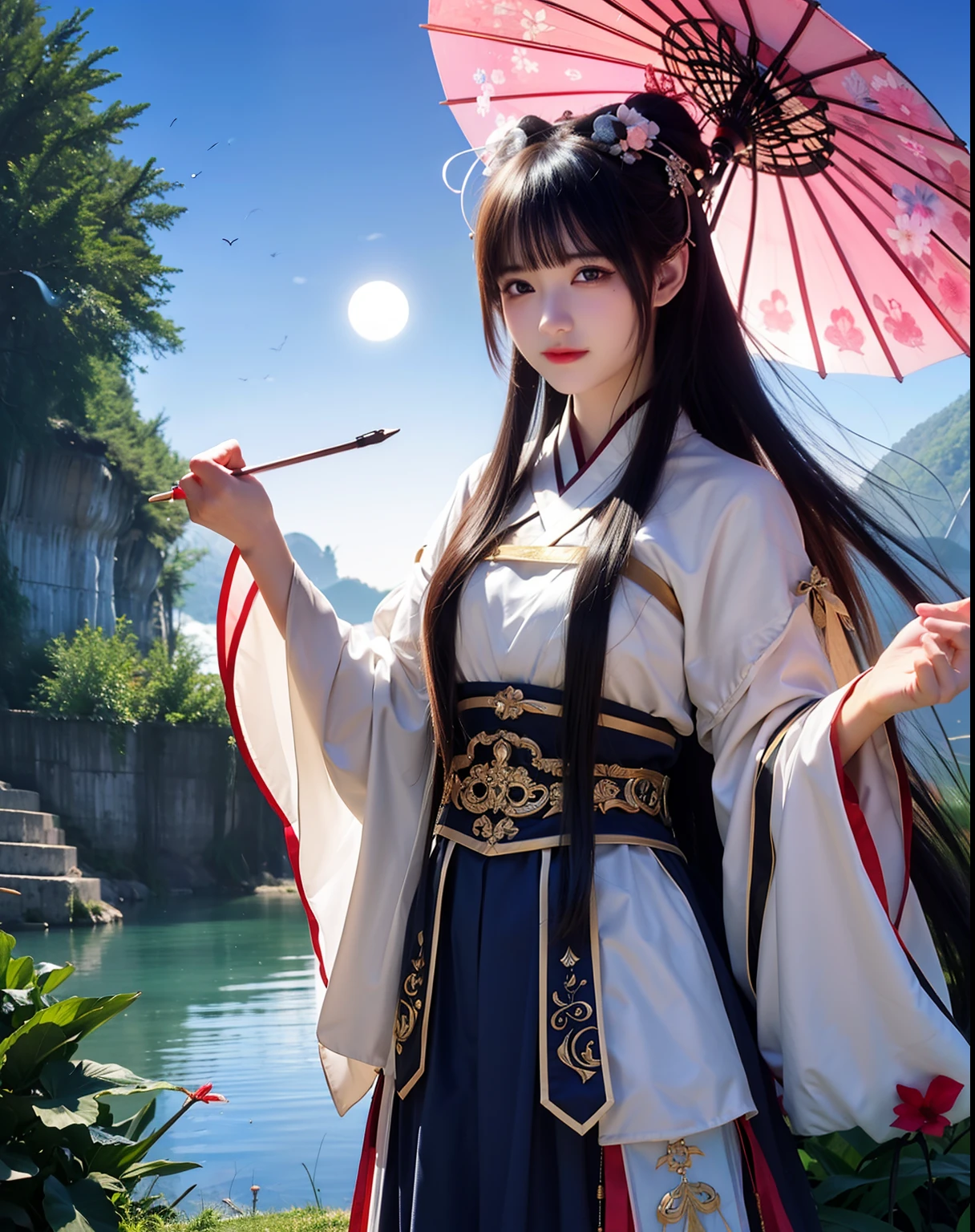 (8k, RAW photo:1.2), best quality, ultra high res,dramatic angle,(fluttered detailed color splashs), (illustration),(((1 girl))),(long hair),(rain:0.9), (头饰:1.4),少女身边有一座古宫,汉服,(重点),彩色水墨画,(泼彩),泼彩,(((colorful))),(素描:0.8) , Masterpiece, best quality, beautiful painted, highly detailed,(denoising:0.6),[splash ink],((ink refraction)), (beautiful detailed sky),moon,highly,detaild,(masterpiece, best quality, extremely detailed） CG unity 8k壁纸，杰作，最好的质量，超详细），（石蒜），
