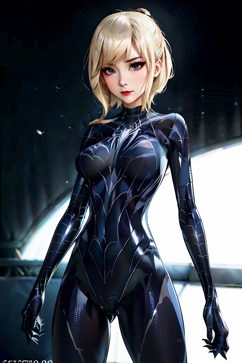 GwenStacy， SpiderGwen,Black Venom suit， Tongue stock， White spider symbol on chest， dampness， Slimy， Black slime，black reotard, venom symbiote, fine art, PS5 movie screenshot, Highly detailed movie rendering, Raytricing ultra fotorrealista | | | | |, With cinematic lighting, (Natural pointed breasts:1.2), Wide buttocks correct anatomy.(camel-toe， Vulvar shape：1.2）