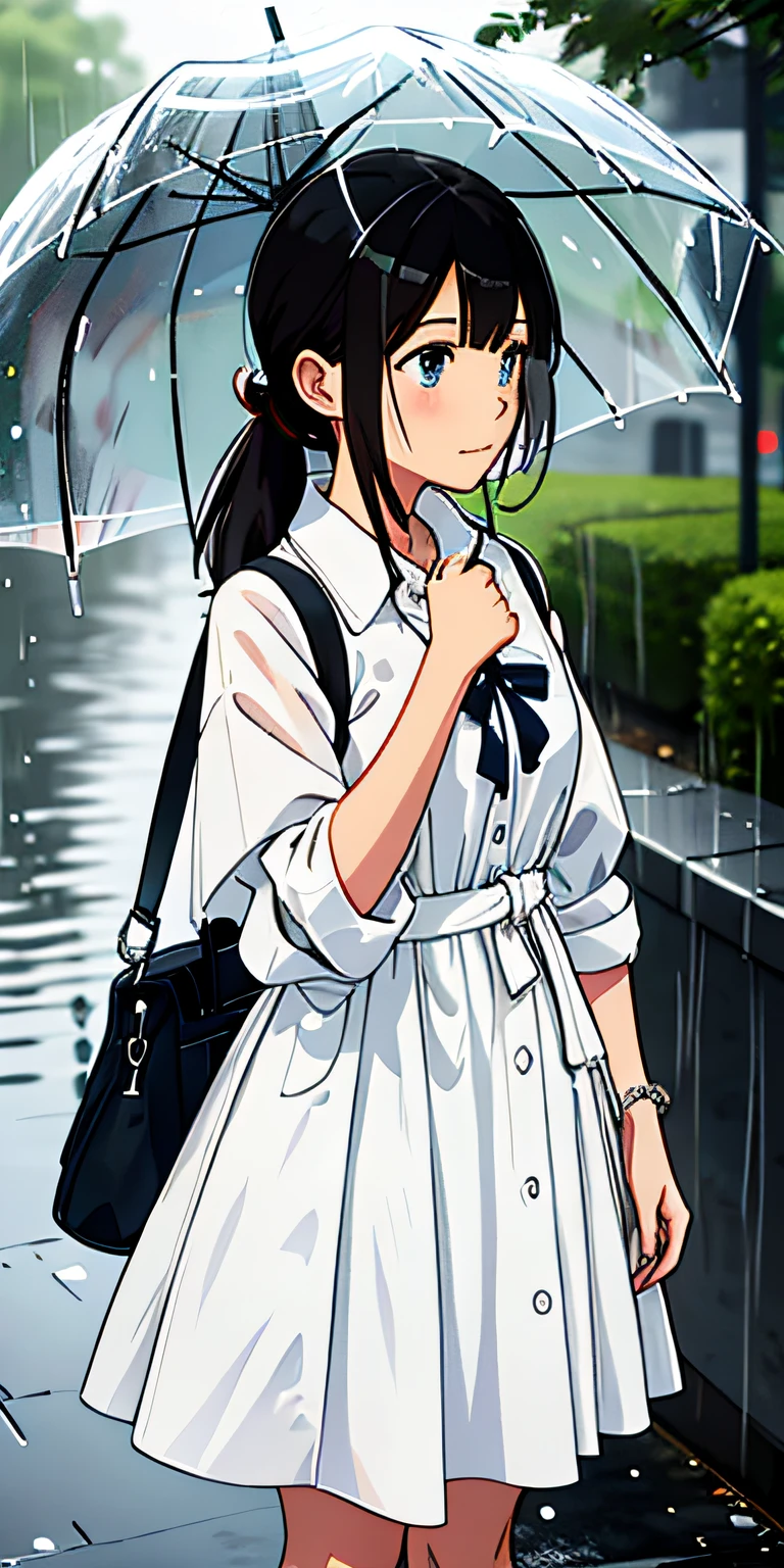 Girl in white dress,on the campus,Rain