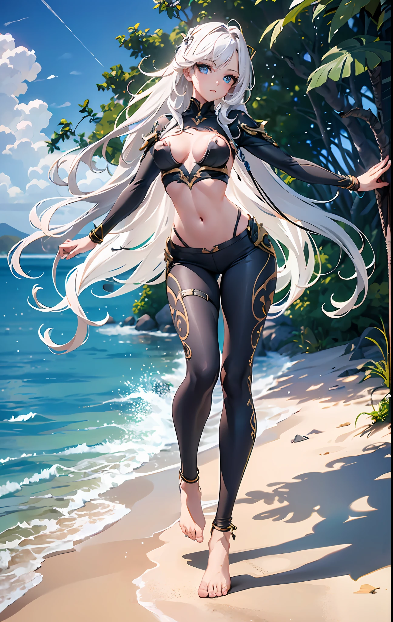 Masterpiece, Superb breathtaking views, Perspective, extremery best quality, extremery detailed CG, 8K wallpaper, high resolution, Highly detailed face, highly details eye, Perfect anatomy, Super detailed skin,
(Dynamic Angle, Dynamic pose:1.2), Outdoors, beach, Smooth waves, (Portrait, legs focus, full bodyesbian), (Beautiful face, Beautiful eyes, Beautiful legs:1.3),
1 girl, Solo, (nipple tops, pants:1.3), (Tights 1.3), Long sleeves, Medium breasts, blond hairbl, Long hair, Floating hair, Straight hair, open forehead, (Barefoot:1.3), Blue eyes, (navel:0.8), Skinny, Slender, Wide hips, Thin waist