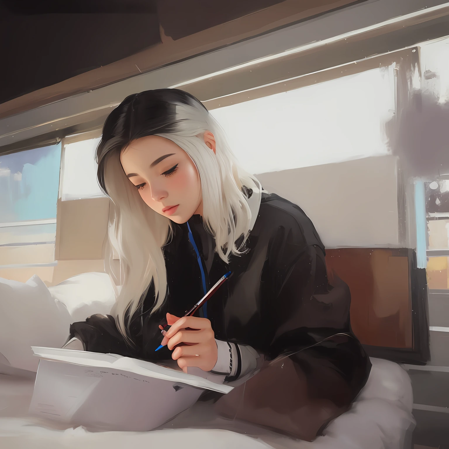 pintura de uma mulher sentada em uma cama escrevendo em um bloco de notas, Arte digital Ilya Kuvshinov, pintura realista da bonito, Breathtaking Ilya Kuvshinov, estudar no quarto, Paisagem de Ilya Kuvshinov, estilo de arte : Ilya Kuvshinov, estilo de arte realista, estilo de arte realista, ( Ilya Kuvshinov ), Pintura realista