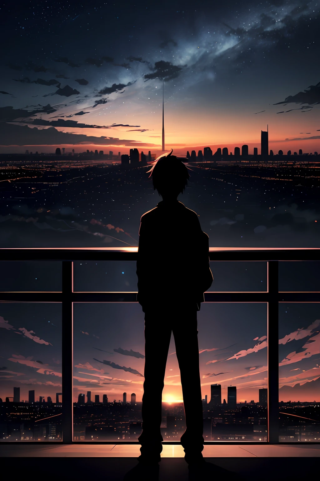 anime,silhouette,1boy, star (sky), cloud, cityscape, building, city, outdoors, skyscraper, city lights, night, night sky, sunset, skyline
