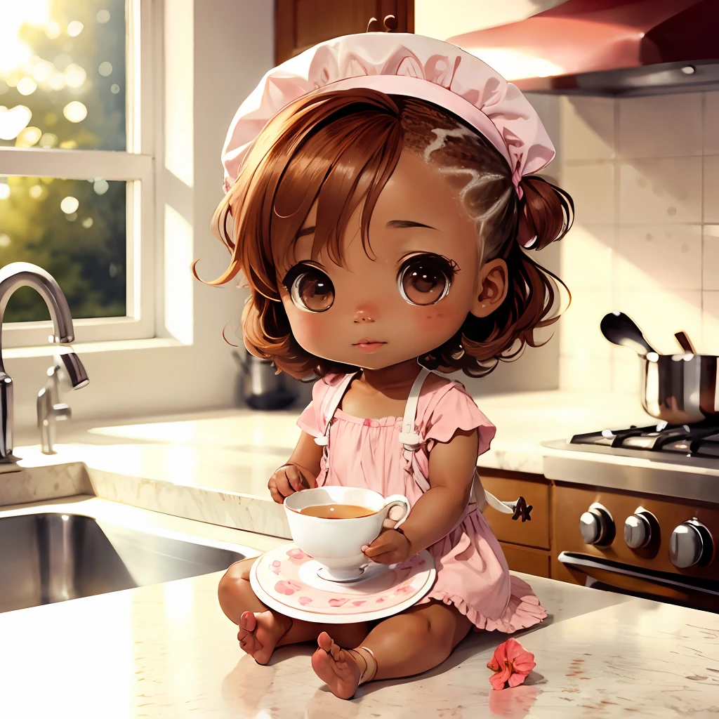 Cute brown skin chibi anime, with freckles,White and pink dress, Sit in a teacup,hibiscus,Cute kitchen.