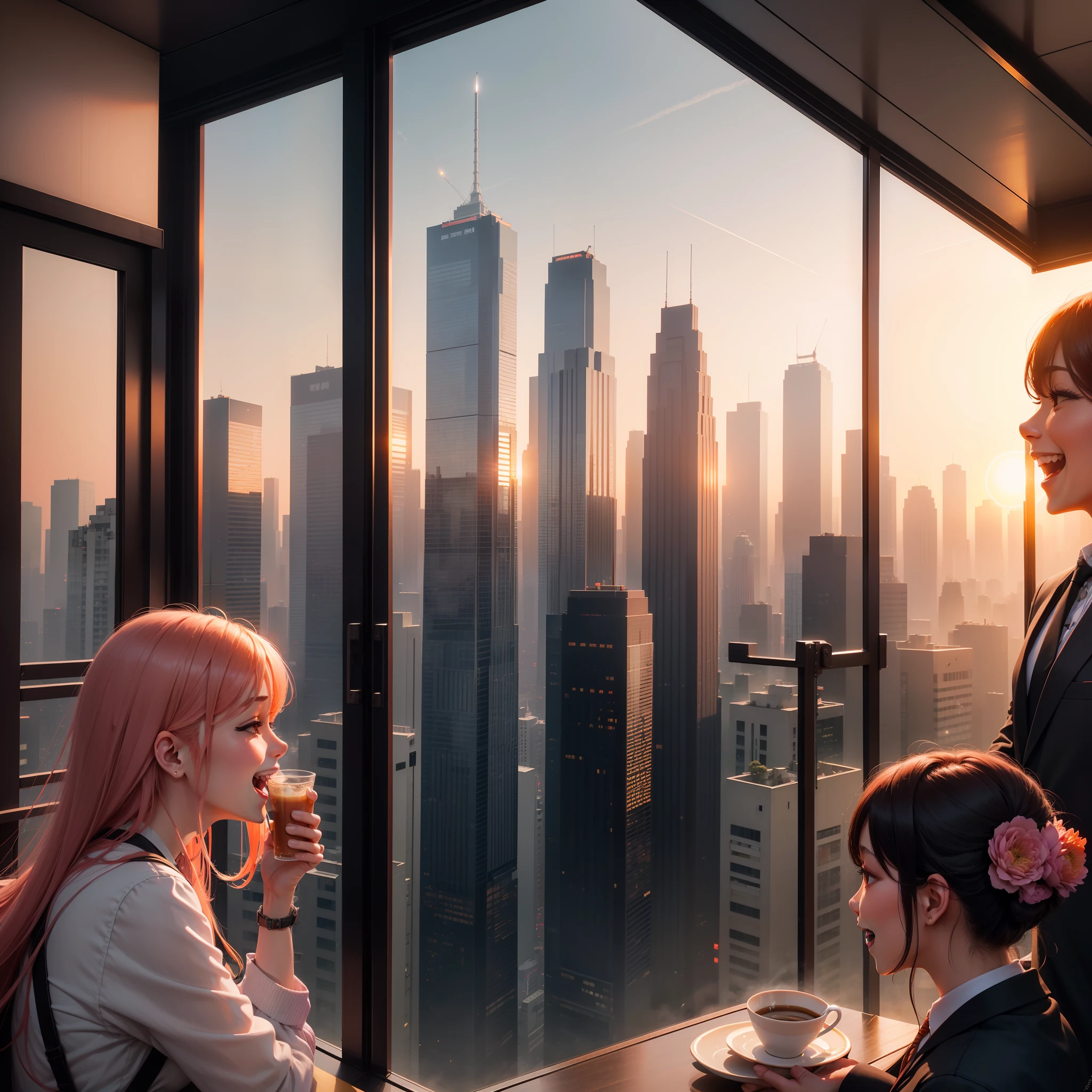 at the sunset, 城市, Skyscrapers, a person々Flow of, Building windows, Warm light, Walkway, a person々, cafe terrace, Friends, Laughing, Skysky, an orange, pink there, tints, Urban hustle and bustle, Beautiful sunset, harmony
