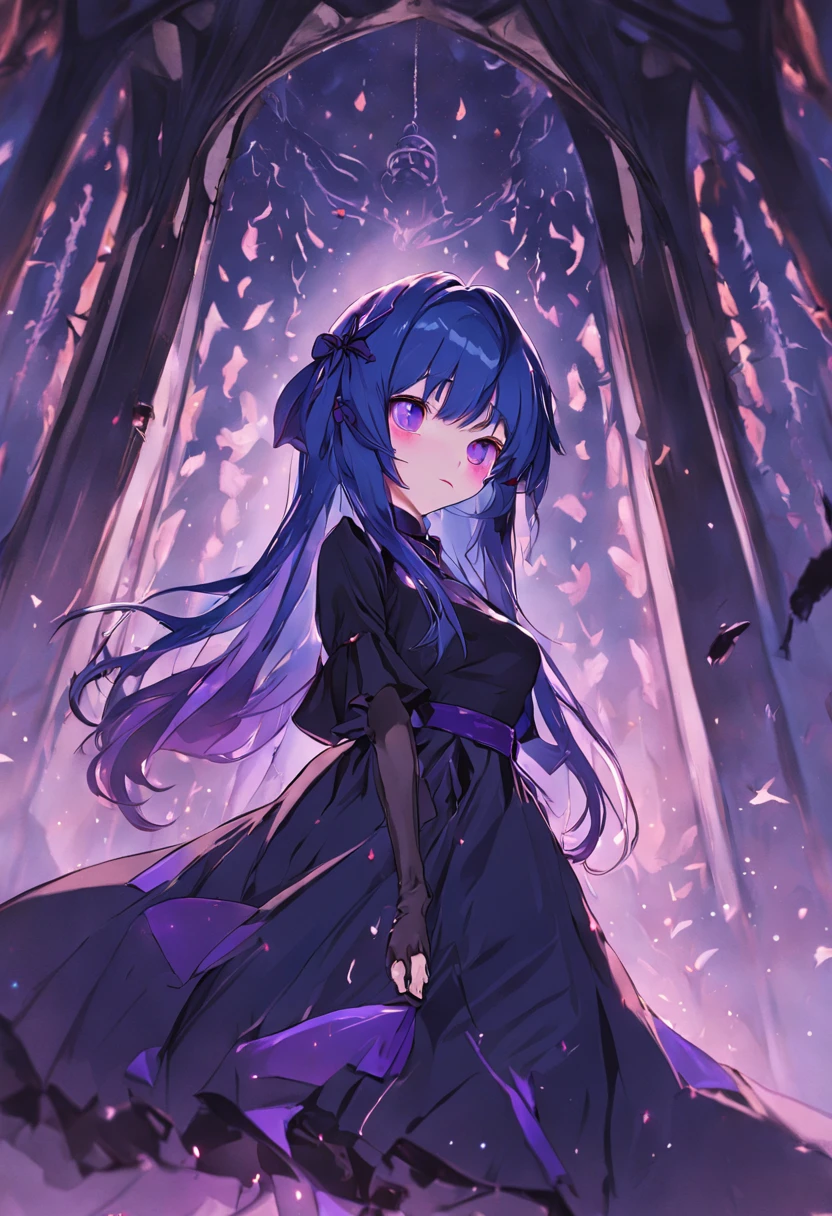 bewitching、amorous、Adults、Bullish woman with double teeth and hanging eyes with long purple hair and a large black ribbon on the side of her head、Blue inner color、Futomo、tights、Wearing a gothic black dress、Candle、vampire