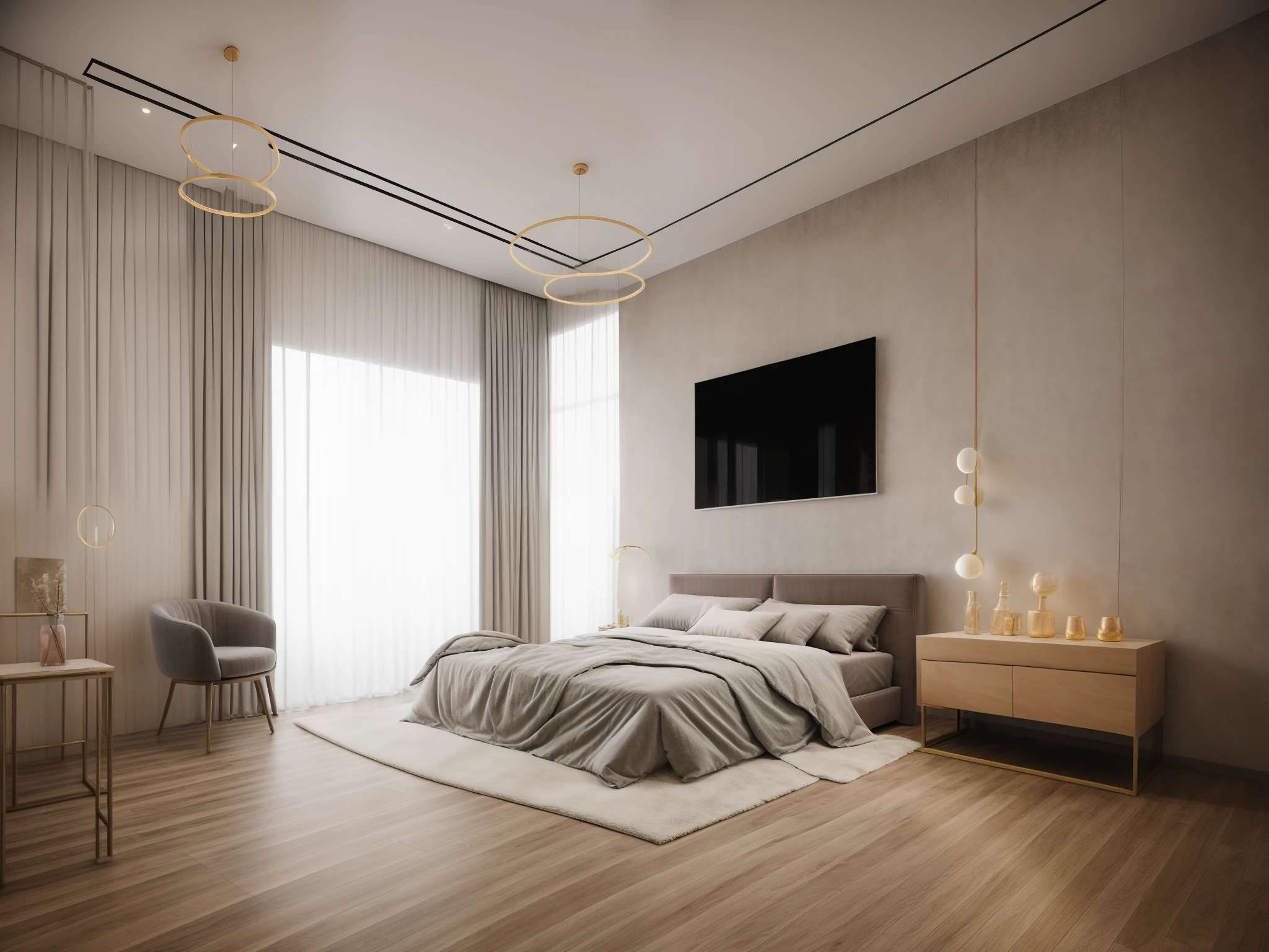 RAW photo, Masterpiece, high quality, best quality, realistic, super detailed,(( pastel furniture )), minimalist architecture, minimalist bedroom, couch, table, carpet , tv stand, sofa, window, curtains, sunset)), archdaily architecture, 1.4 (high detail: 1.2), 8k uhd, dslr, soft light, high quality, film grain, Fujifilm XT3, white celling