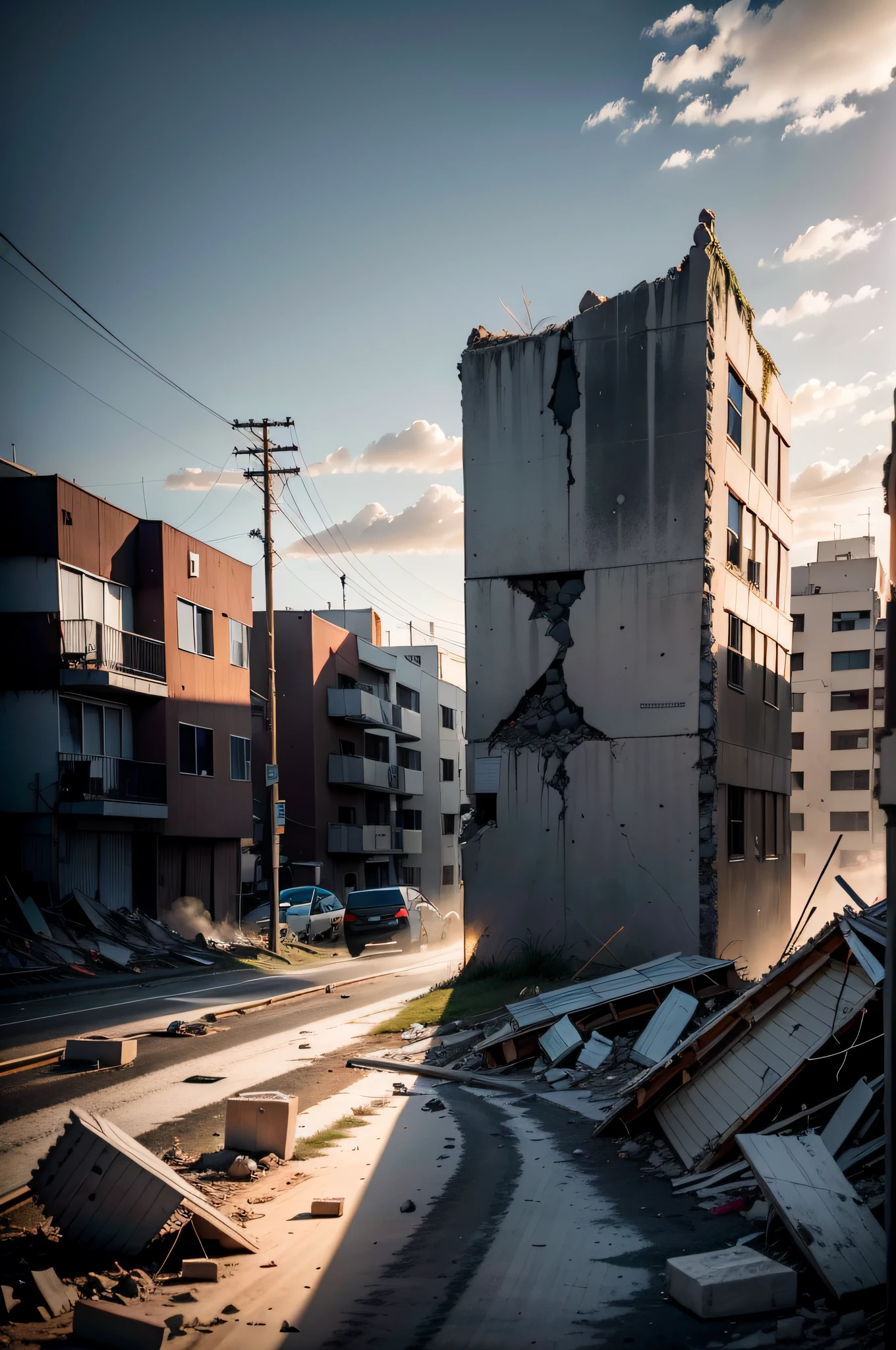 Create an image that depicts an apocalyptic scenario during an earthquake. No epicentro, represent a partially destroyed building, com rachaduras profundas nas paredes expostas e janelas quebradas. The sky, encoberto por nuvens carregadas, should convey a sense of despair with shades of gray and orange. No primeiro plano, insira pessoas em estado de choque, algumas tentando se abrigar, others fallen to the ground. Details such as scattered debris, cracks in the ground and damaged vehicles will add realism to the scene. The dim light from fallen poles or distant fire can cast ominous shadows. Capture the tension of the moment with facial expressions and body pose. Convey the idea of impending doom, but also human resilience in the face of catastrophe.