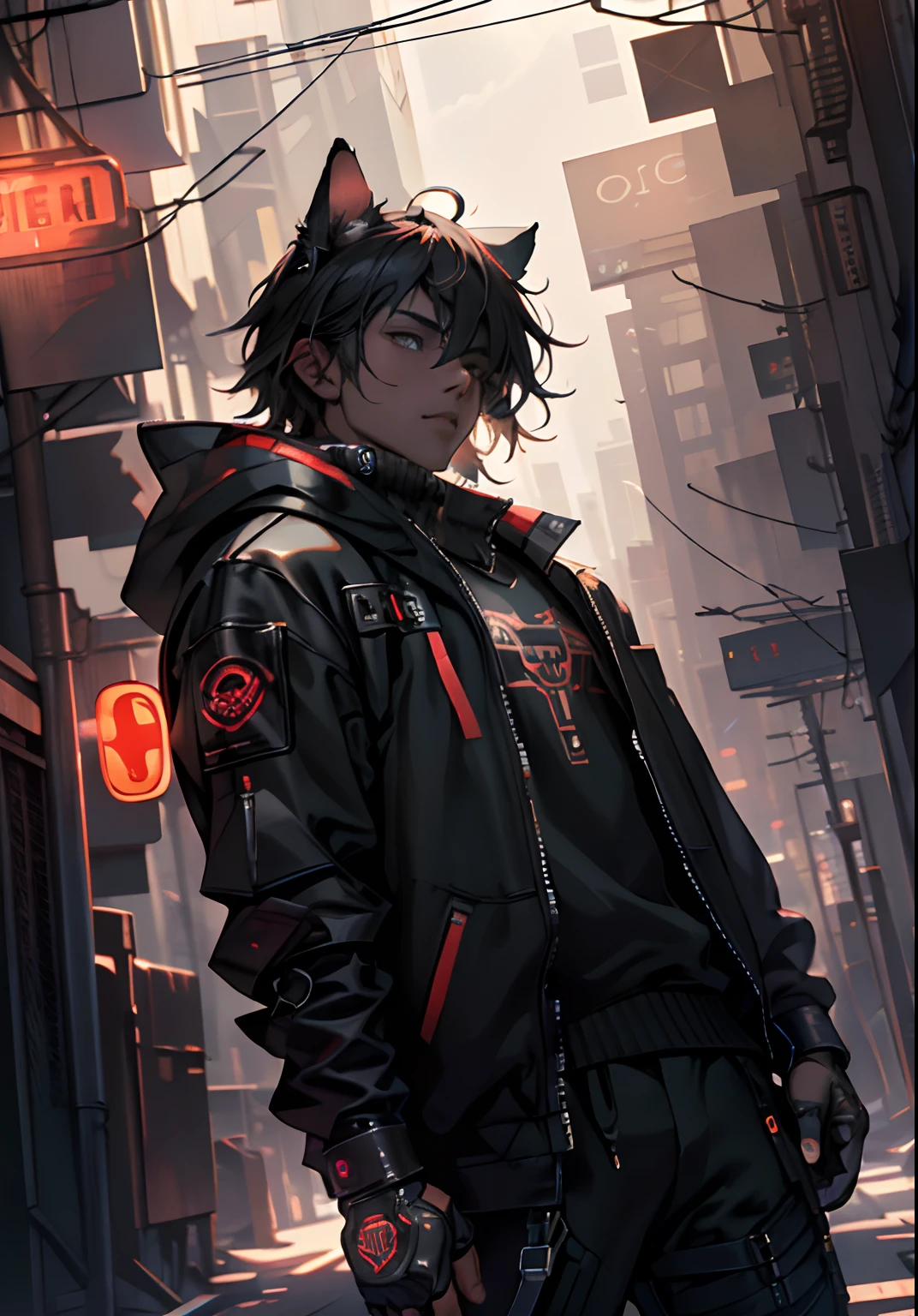 ultra detail, high resolution, ultra detailed, best quality, amazing, top quality, extremely detailed CG unity 8k wallpaper, cinematic lighting, cat fanboy, cyberpunk, dark boy
