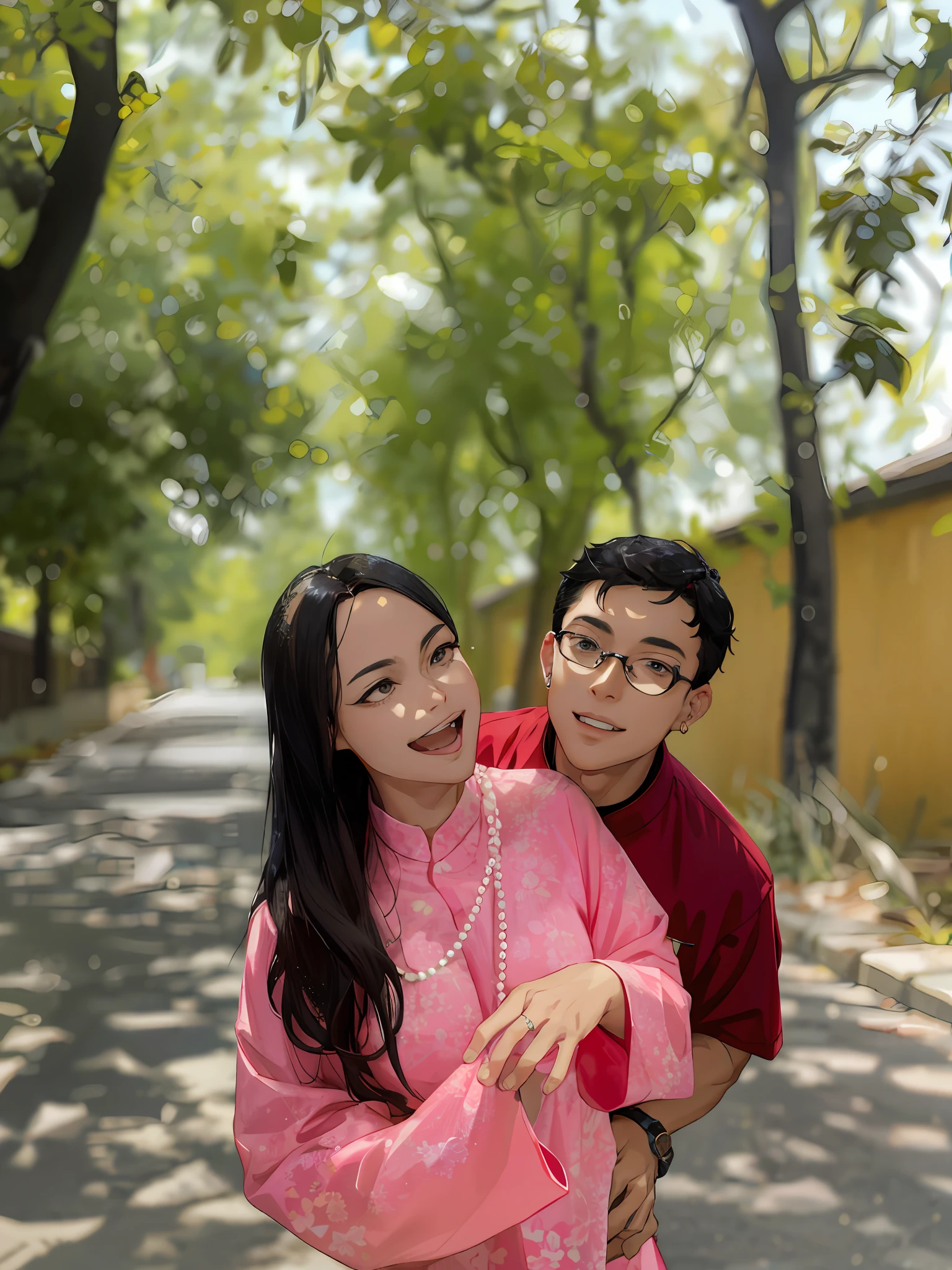 tmasterpiece,best qualityer,1 male,AS-Adult,handsome,with short black hair,The shirt,wears glasses,a 1 woman,AS-Adult,big breasts beautiful,Black shoulder-length hair,Pearl earrings,Hold a toddler,complexdetails